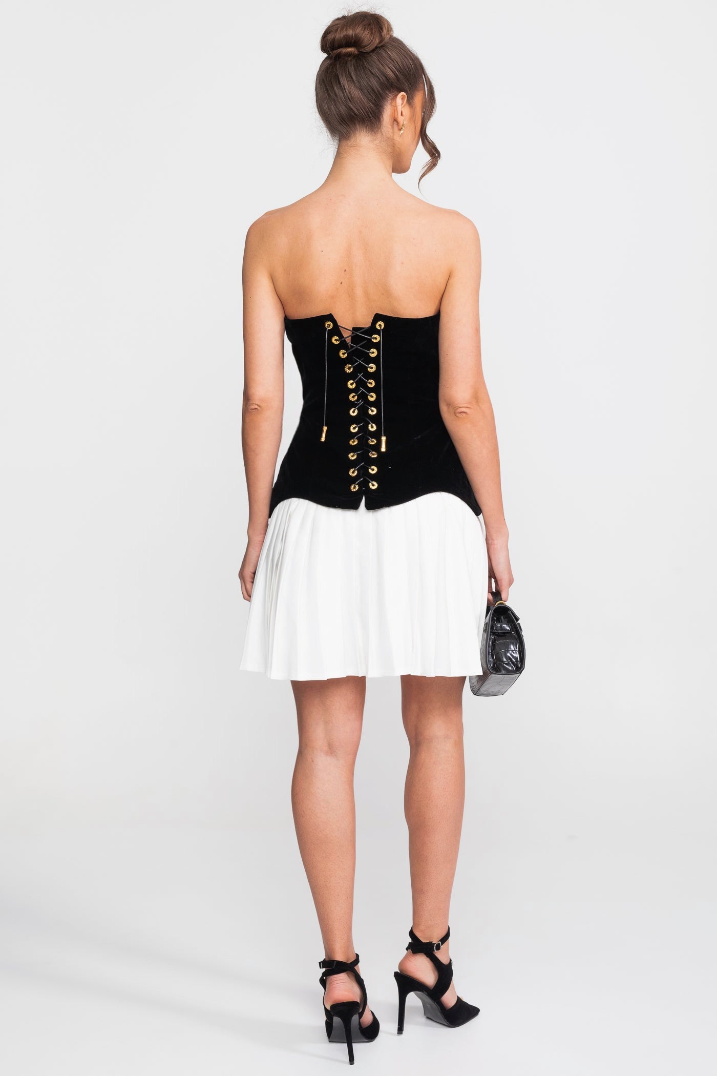 Robe mini en velours bustier avec jupe plissée contrastante - Noir