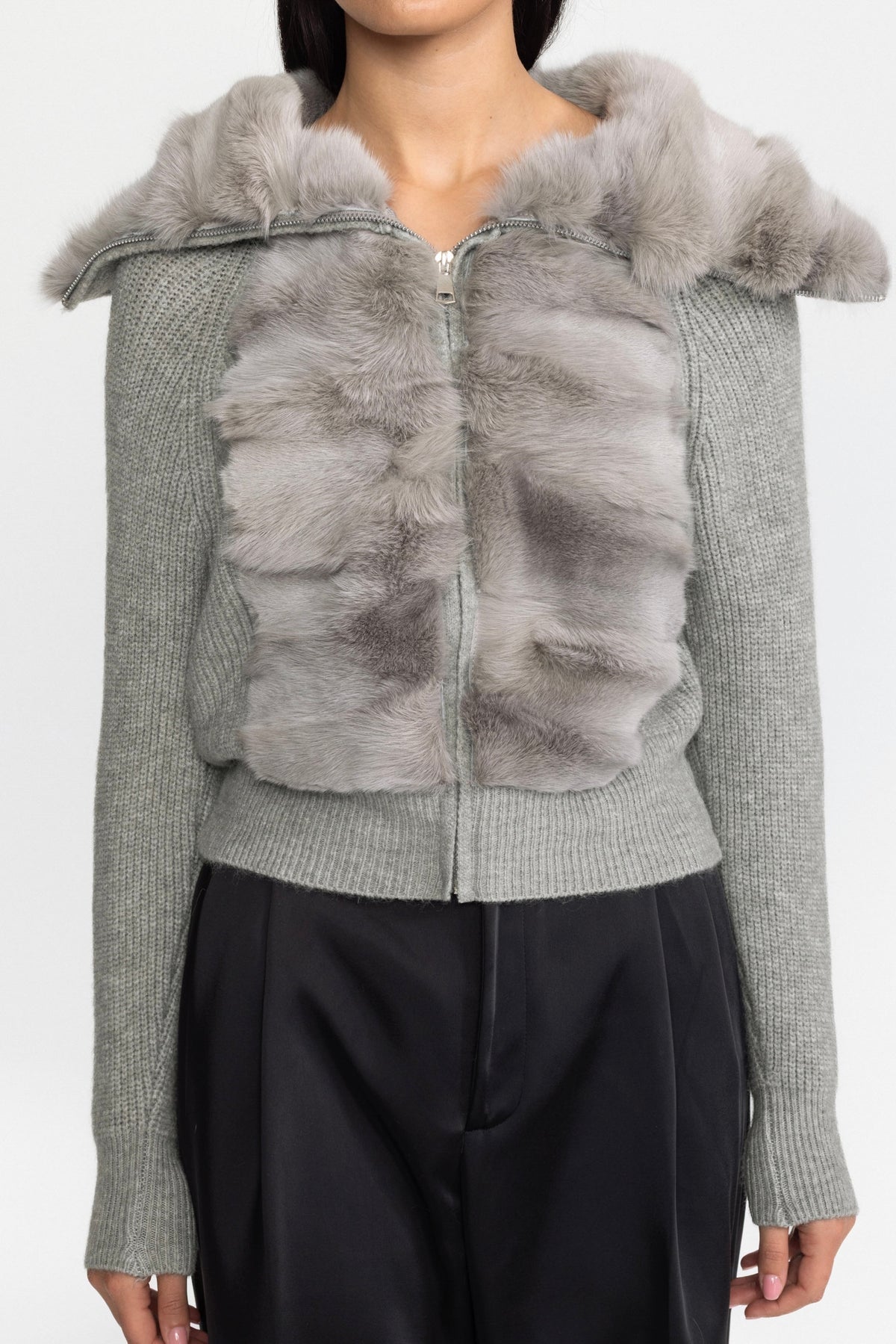 Cardigan zippé en maille à empiècement en fourrure de lapin - Gris