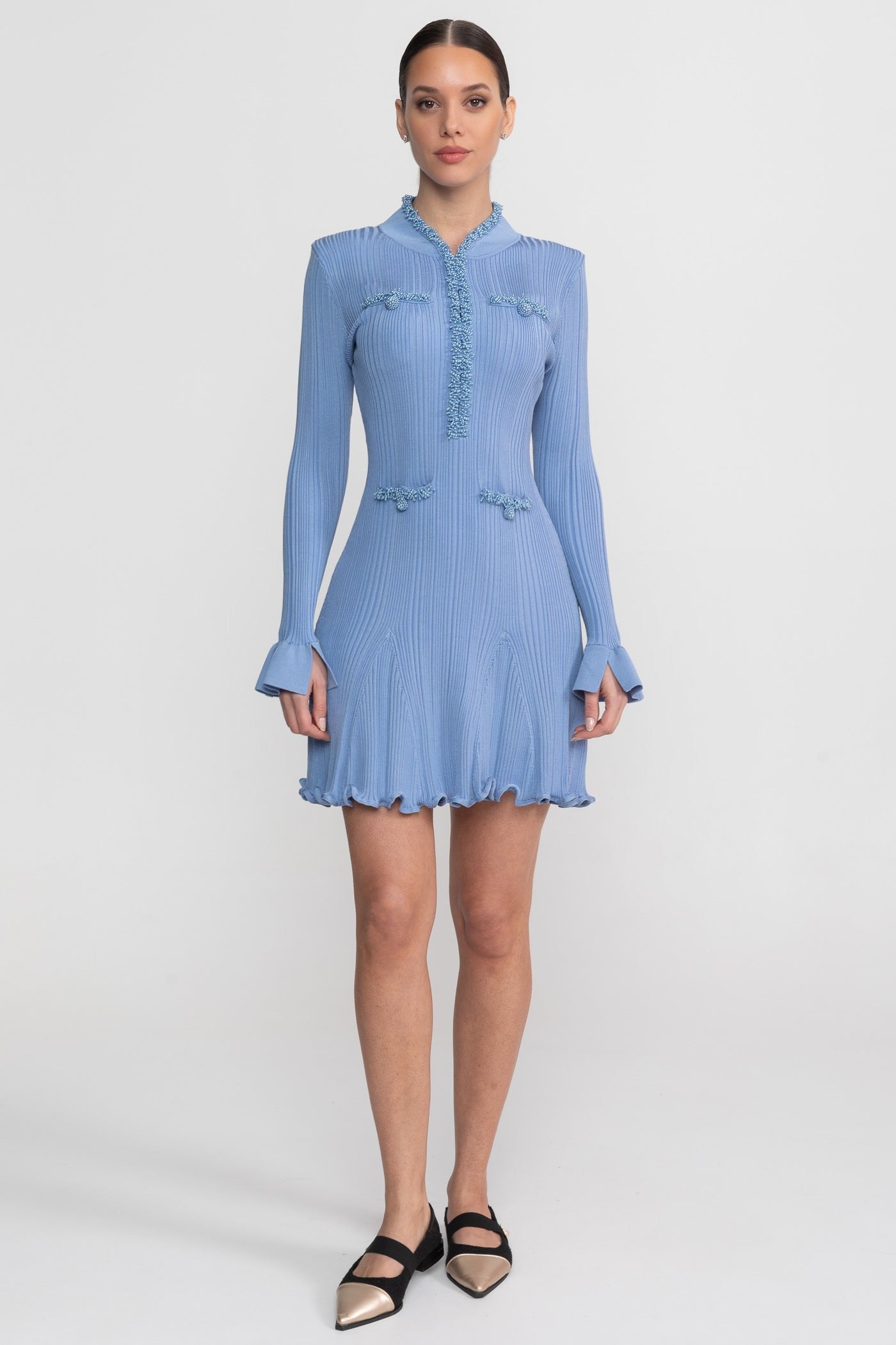 Ribbed Knit Mini Dress With Beaded Trim Detailing - Blue