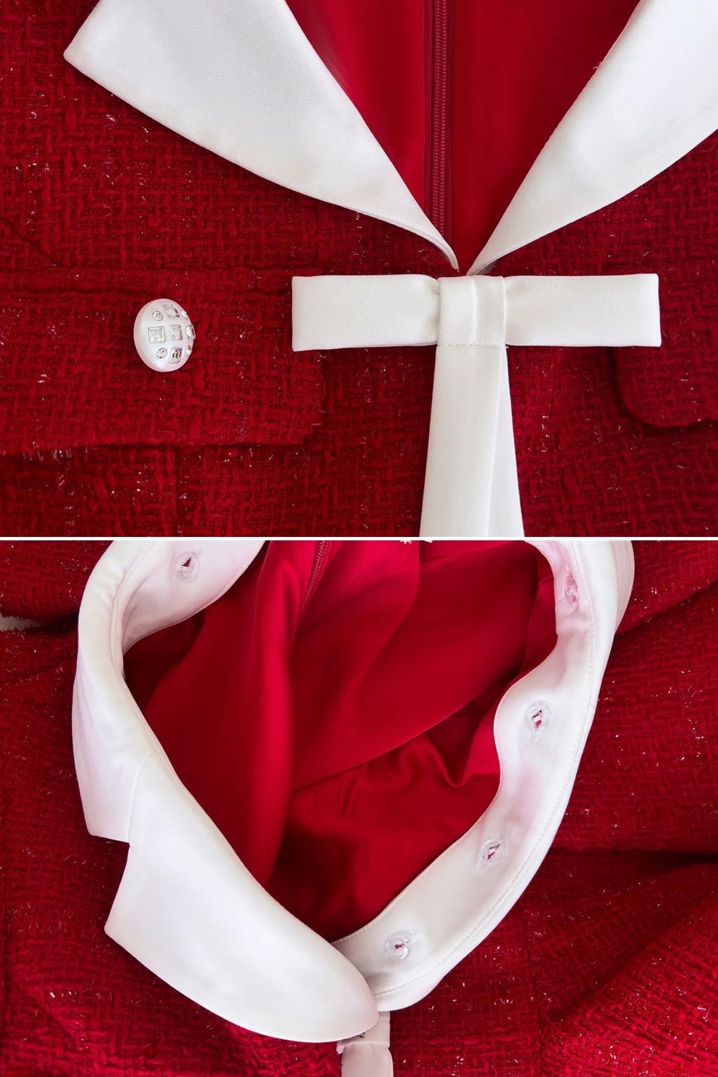 Robe évasée en tweed avec col contrastant et détail nœud – Rouge