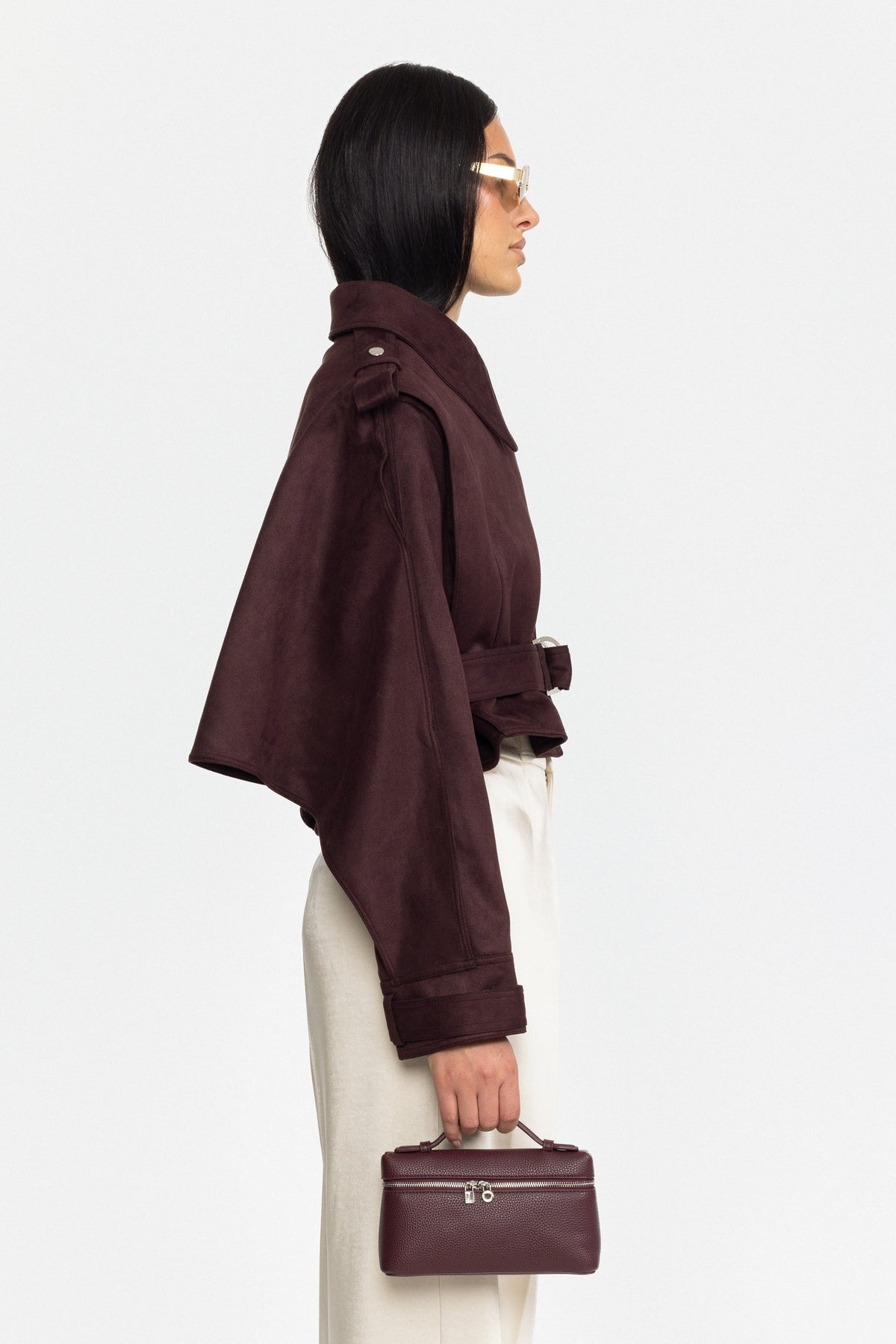 Cape-jacket en daim ceinturée - bordeaux
