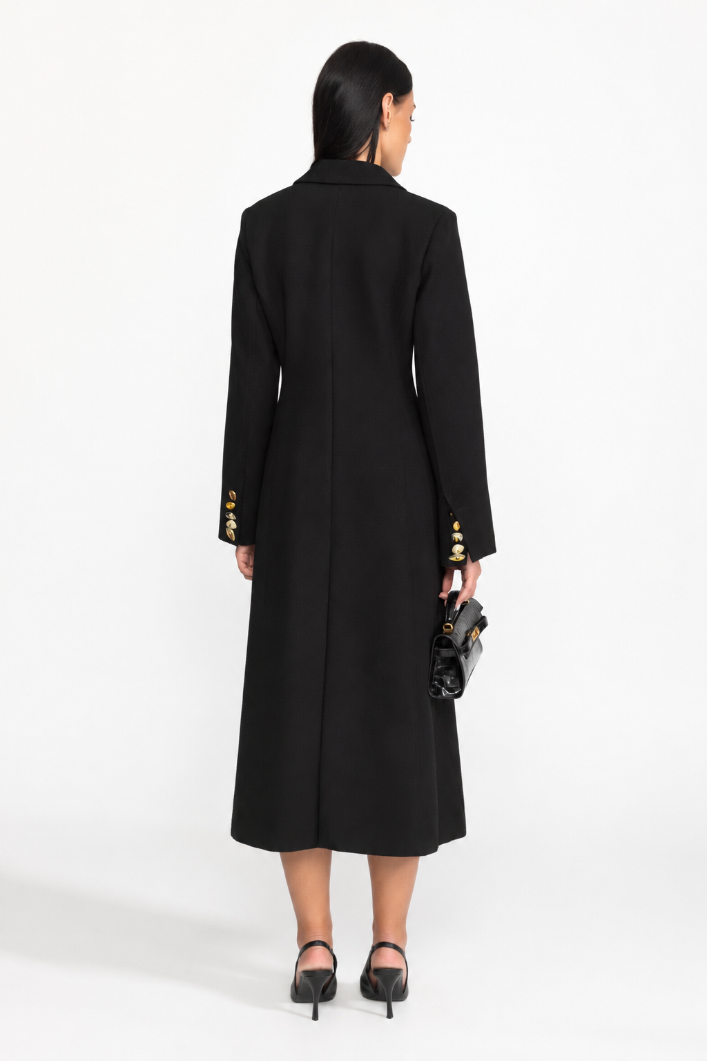 Manteau long croisé à revers ornés - noir