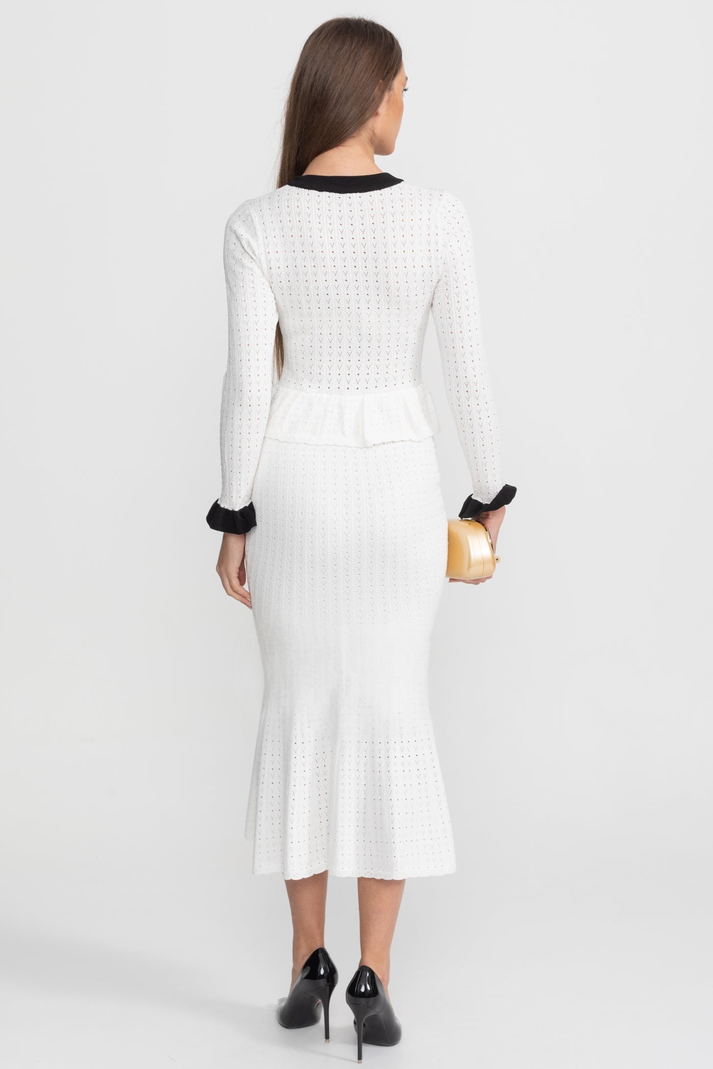 Ensemble Midi en Maille Pointelle avec Bordure Contrastée – Blanc