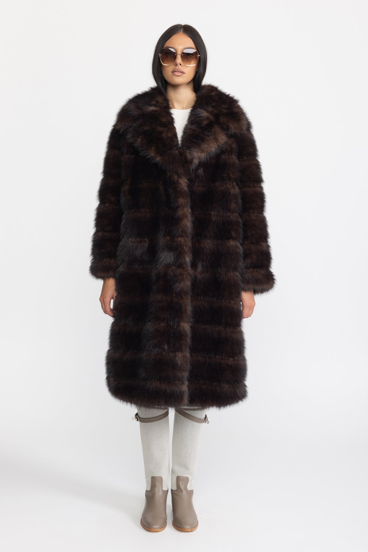 Fur-Effect Panelled Longline Coat - Chocolate