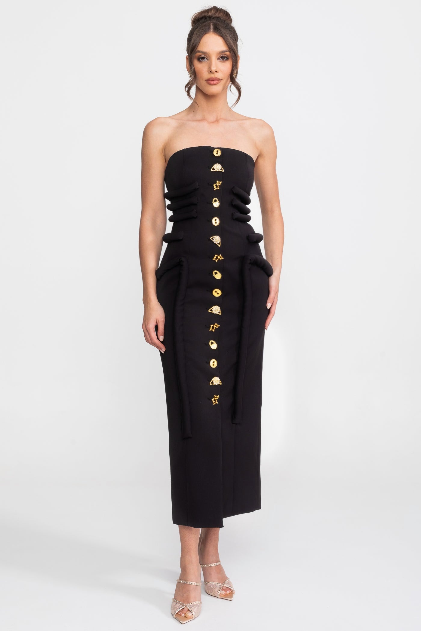 Midi Dress With Sculptural Knotted Bodice Detail And Jewel Buttons - Black