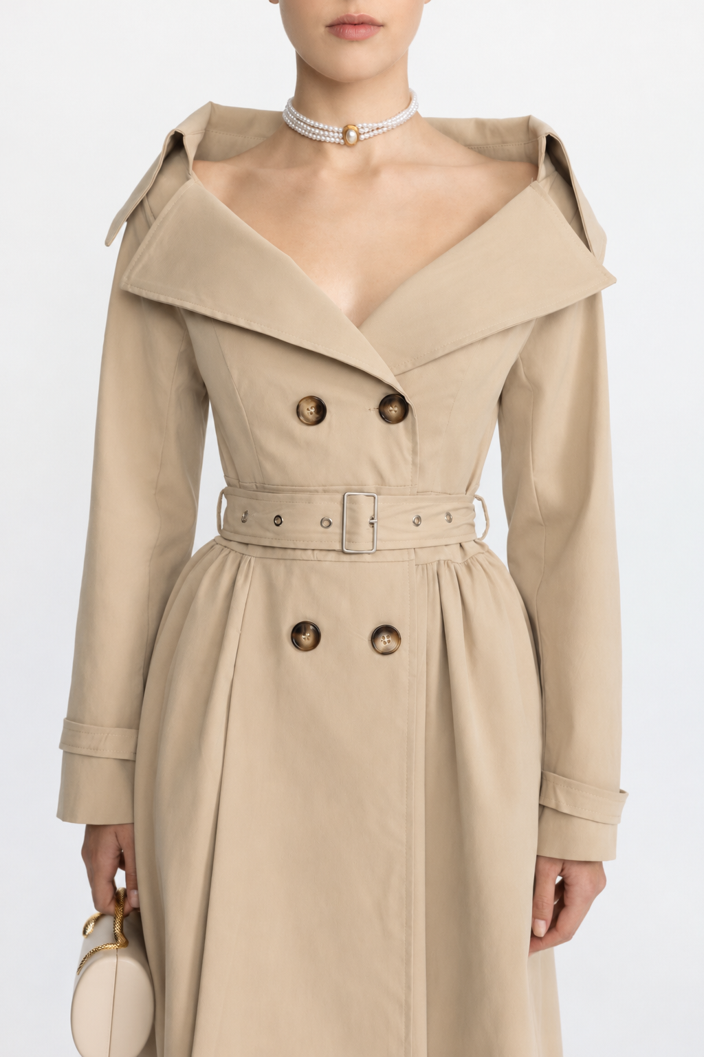 Robe trench ceinturée à col épaules dénudées - Beige