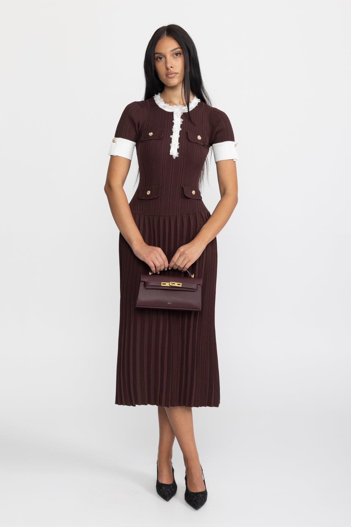 Robe midi en maille plissée à finitions volantées - Chocolate