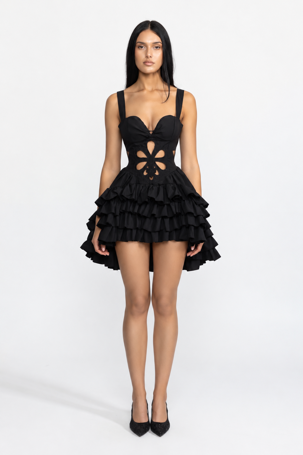 Robe mini à volants avec découpes fleurs brodées - Noir