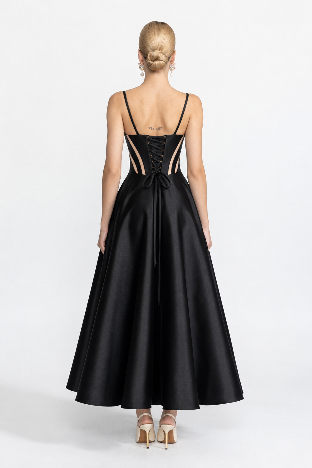 Robe midi corset en satin à empiècements transparents - Noir