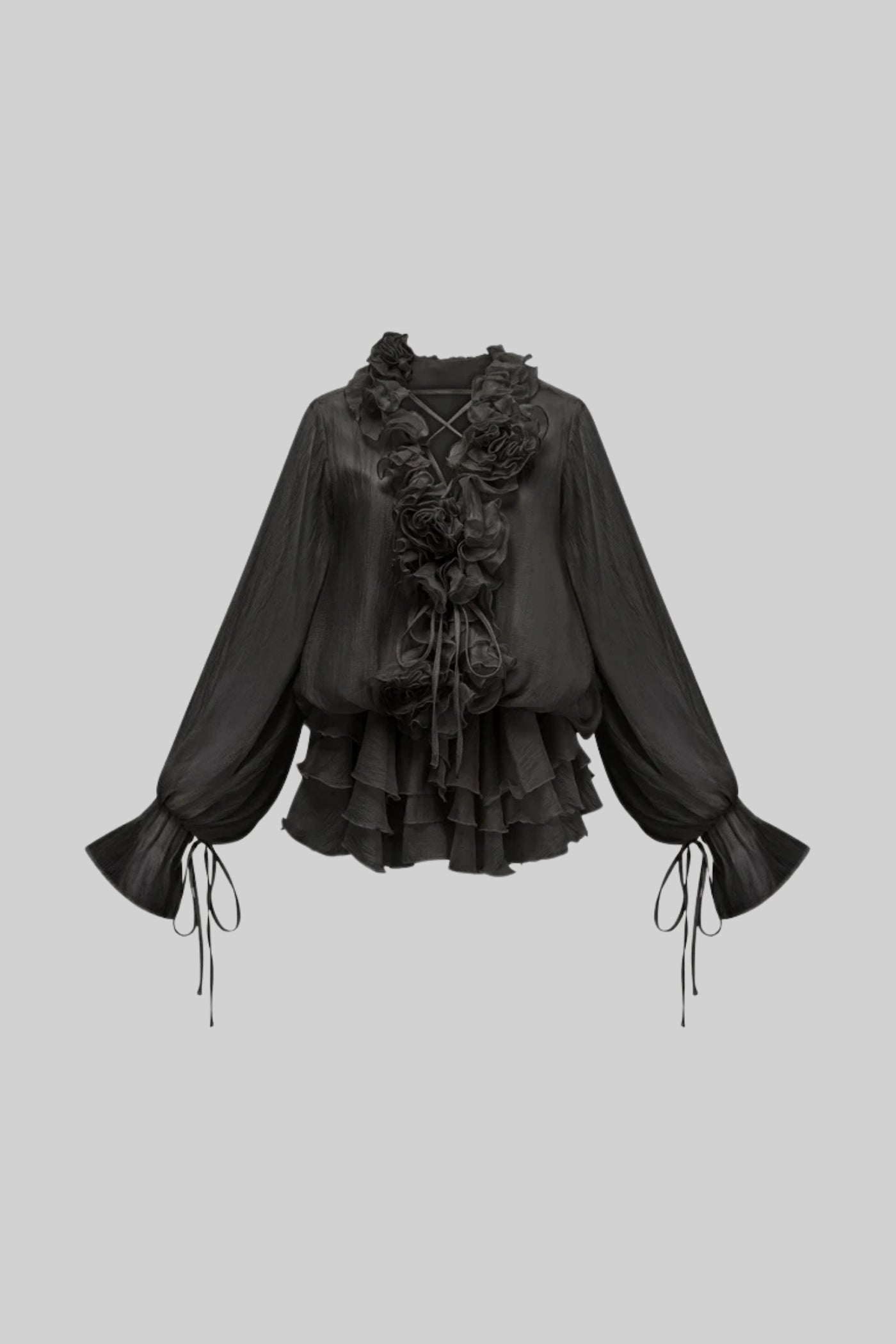 Robe fluide en voile avec appliques florales et manches longues bouffantes - Noir