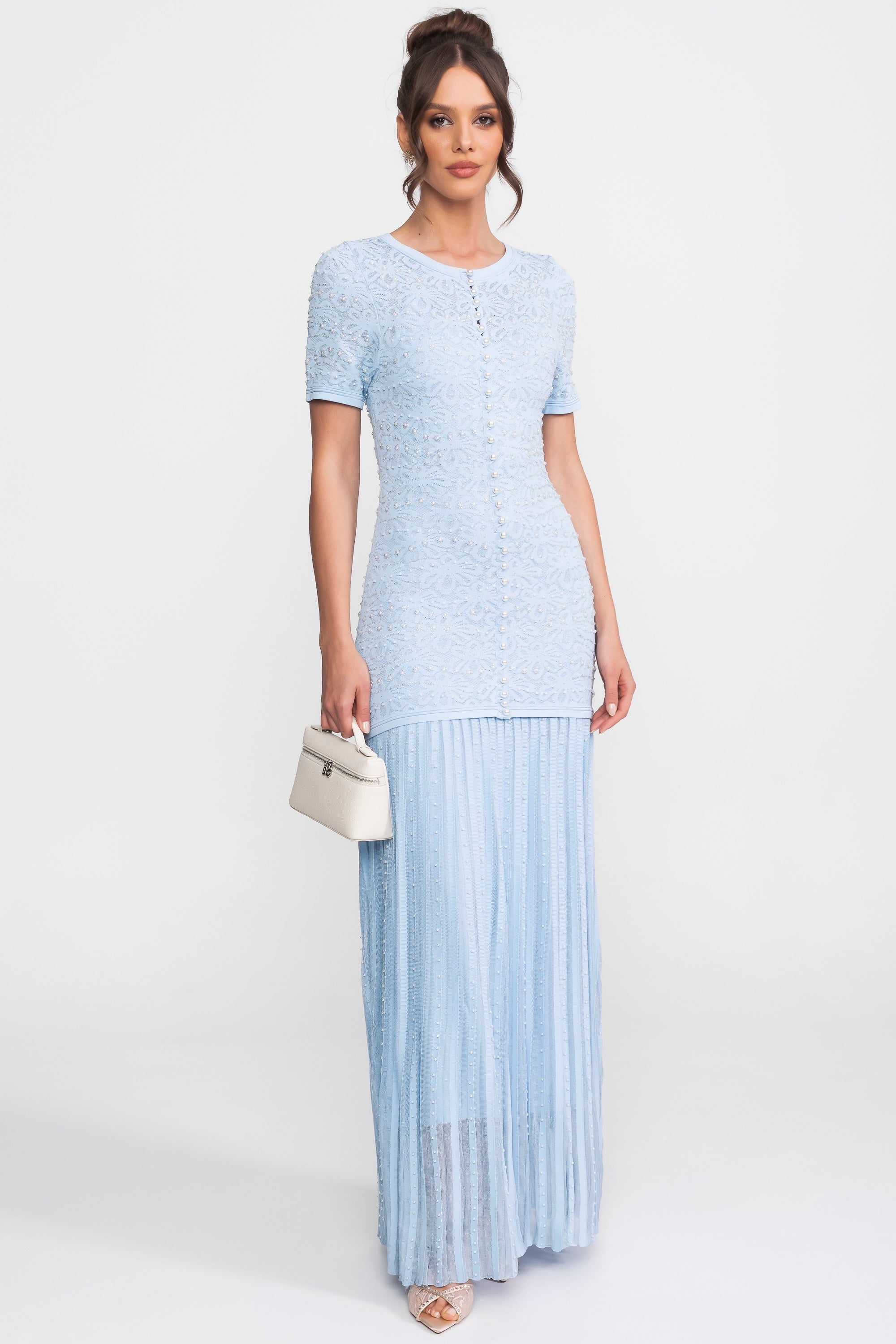 Robe midi à manches courtes ornée de perles - Powder Blue