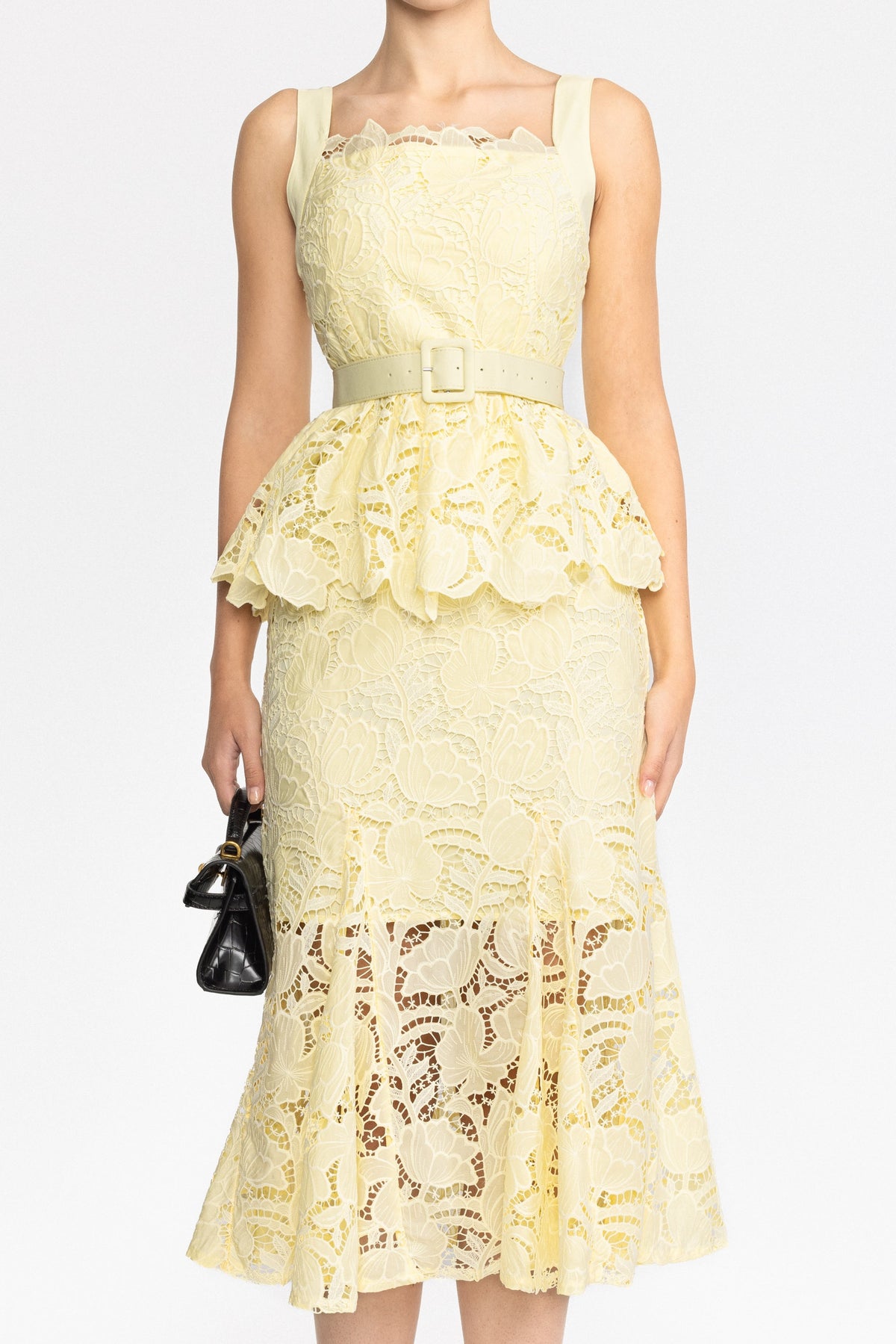 Ensemble top péplum et jupe midi en dentelle guipure - jaune