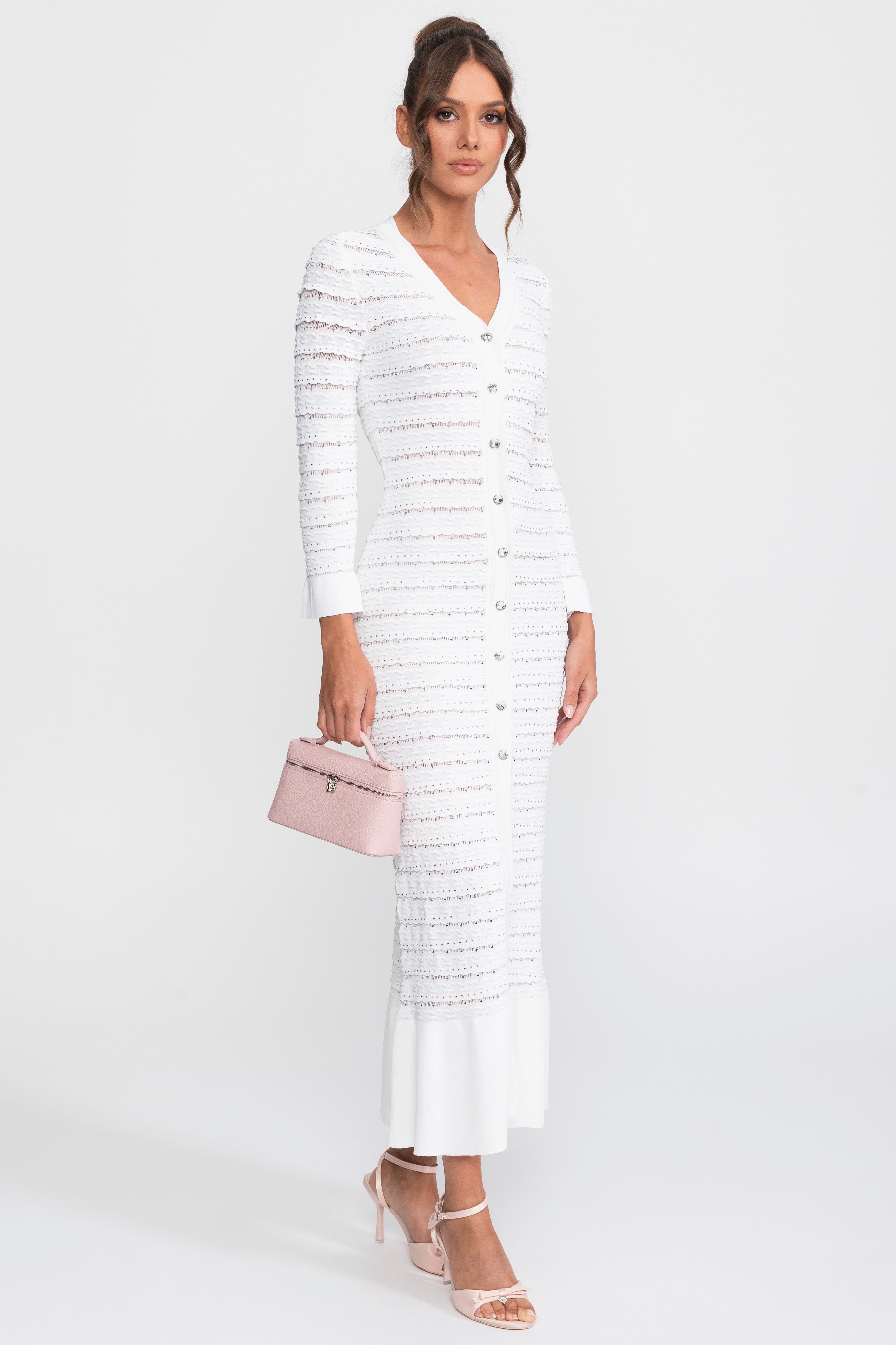 Robe longue cardigan en maille texturée avec bouton en cristal - Blanc