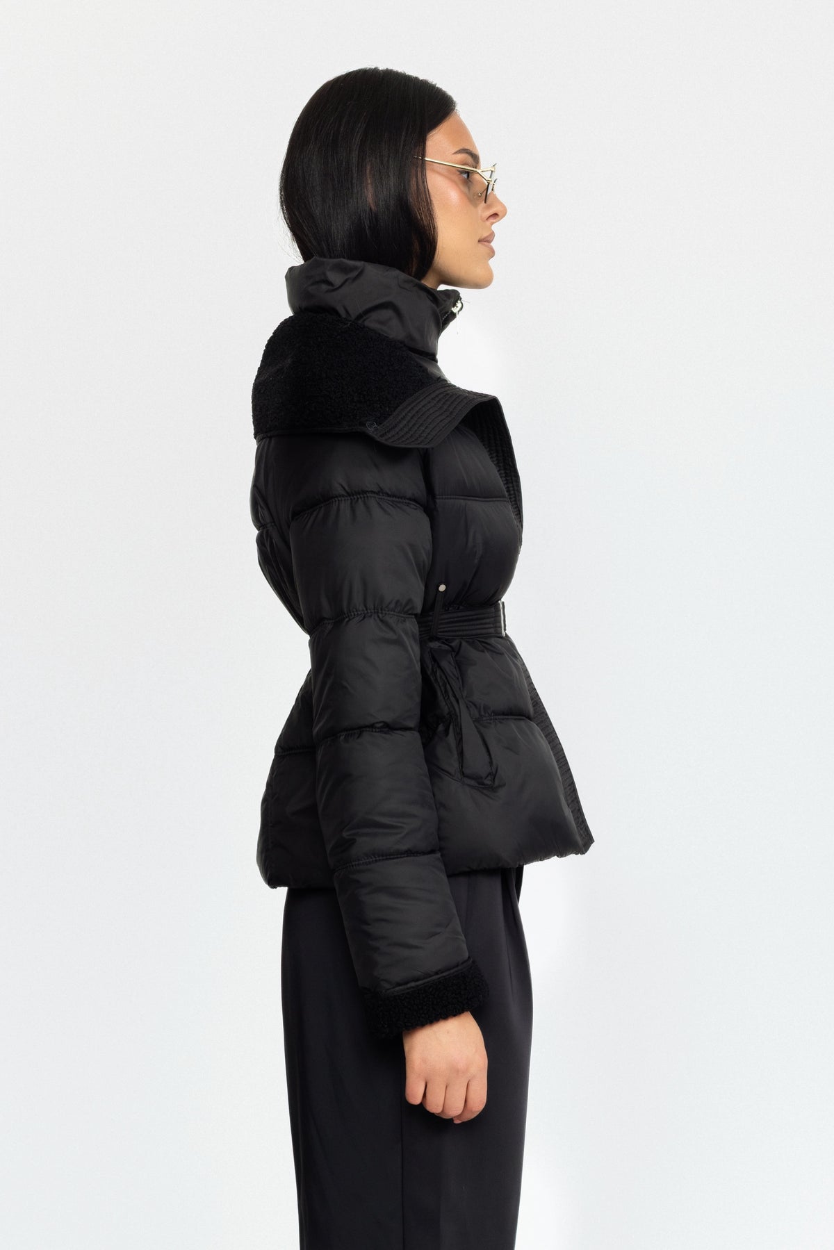 Belted Puffer Jacket with Teddy Collar - Black