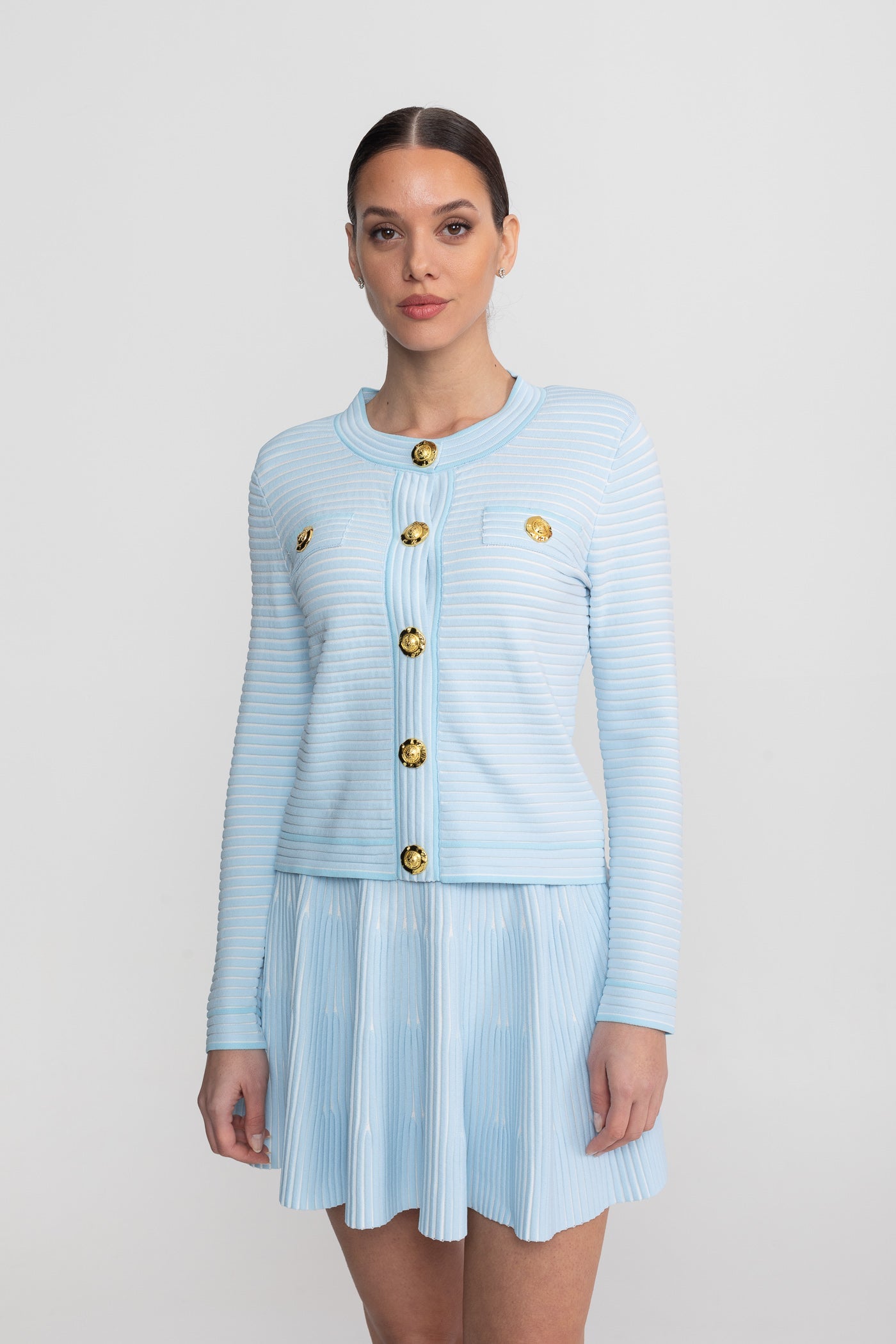 Ribbed Knit Co-Ord Set With Gold Button Embellishment - Blue