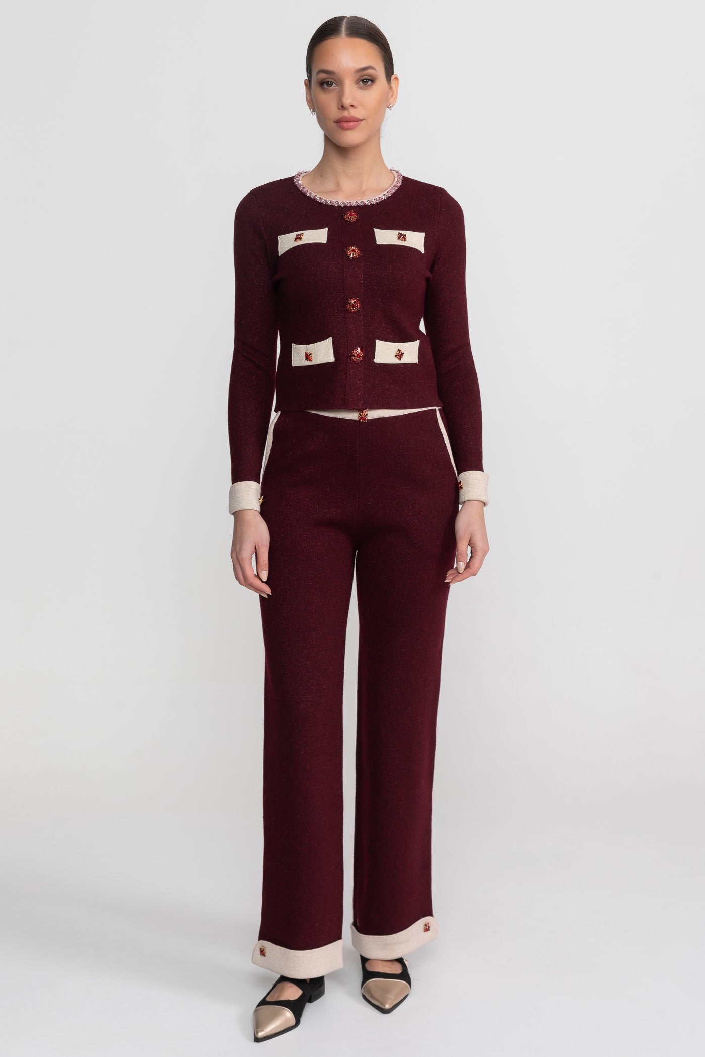 Long Sleeve Knit Co-Ord Set With Contrast Trim And Sparkling Embellishments - Burgundy