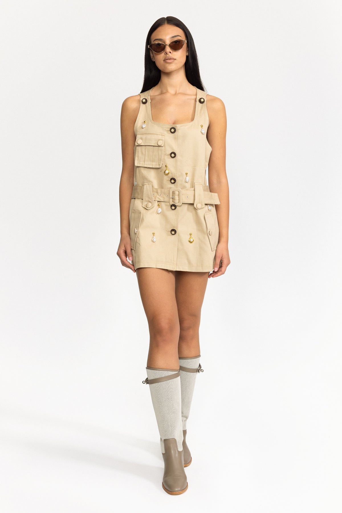 Mini-robe utilitaire en coton à charm perle - kaki
