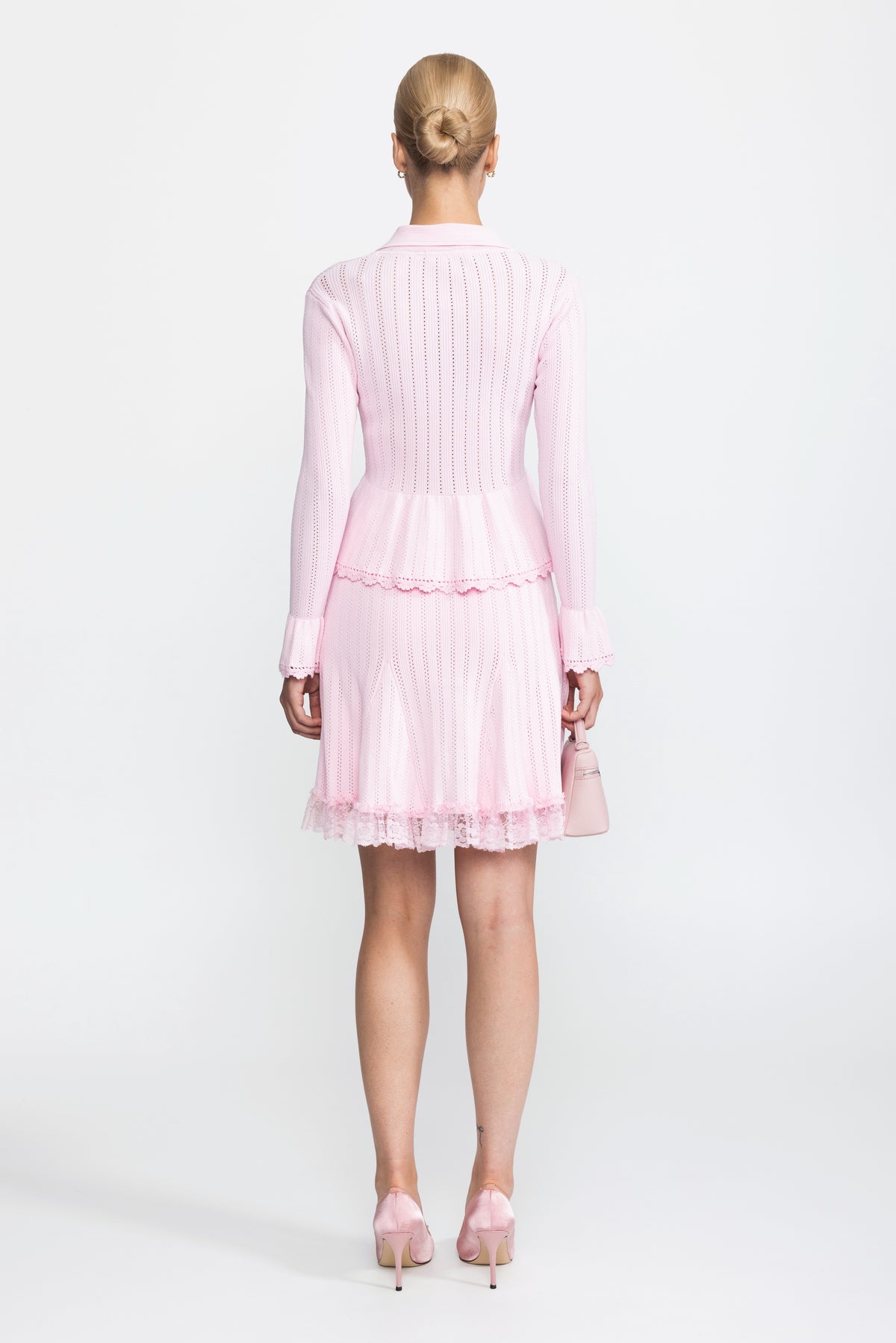 Ensemble coordonné cardigan péplum en maille pointelle et jupe à ourlet en dentelle - Rose