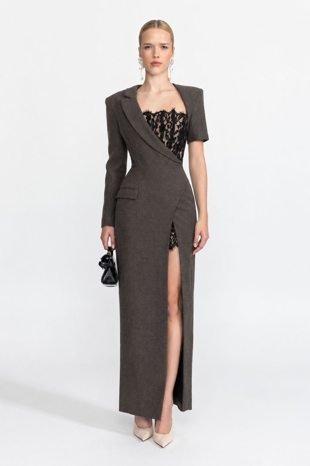 Lace Bustier Asymmetric Blazer Maxi Dress - Charcoal