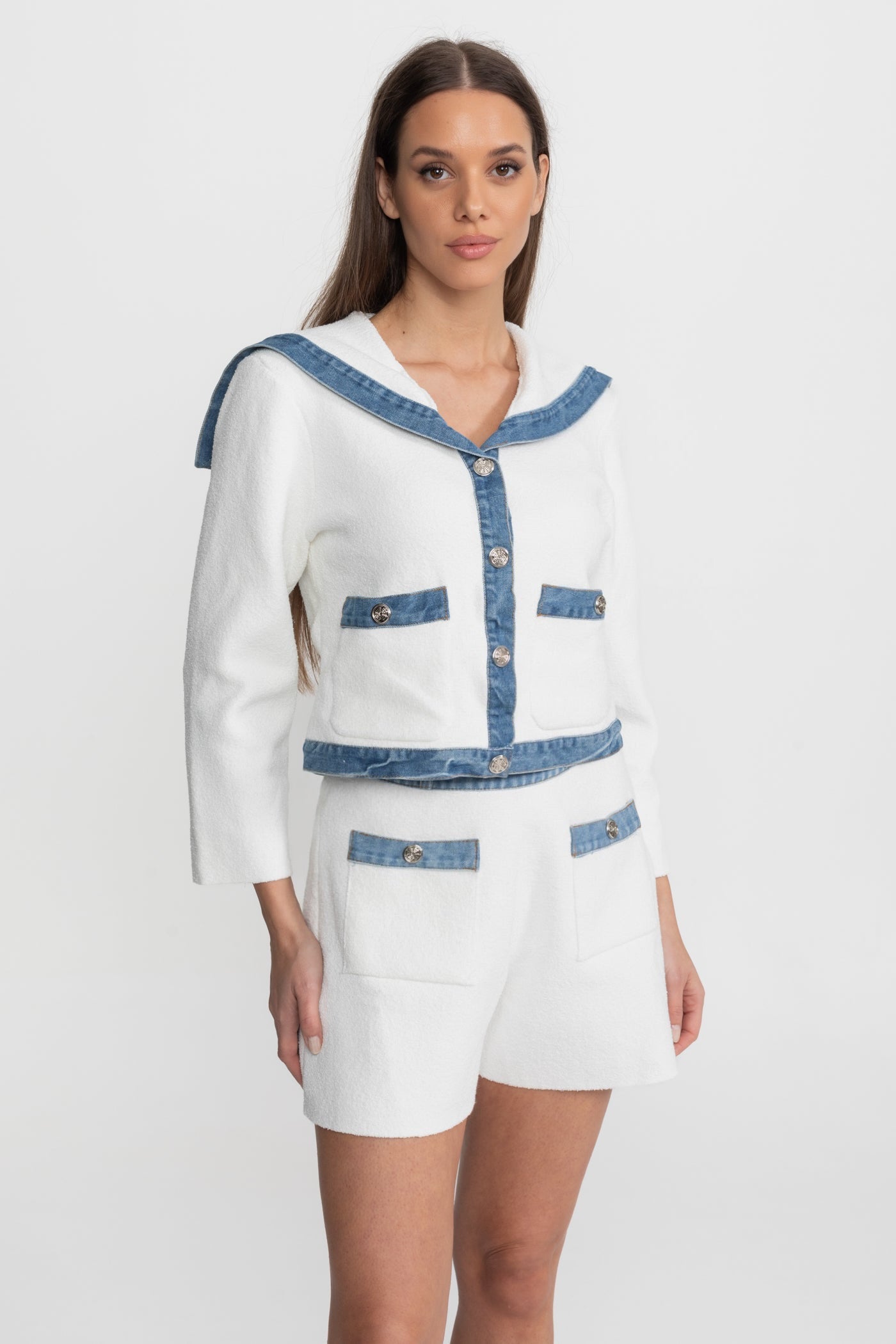 Ensemble coordonné en maille texturée avec bordure en denim – Blanc & Bleu