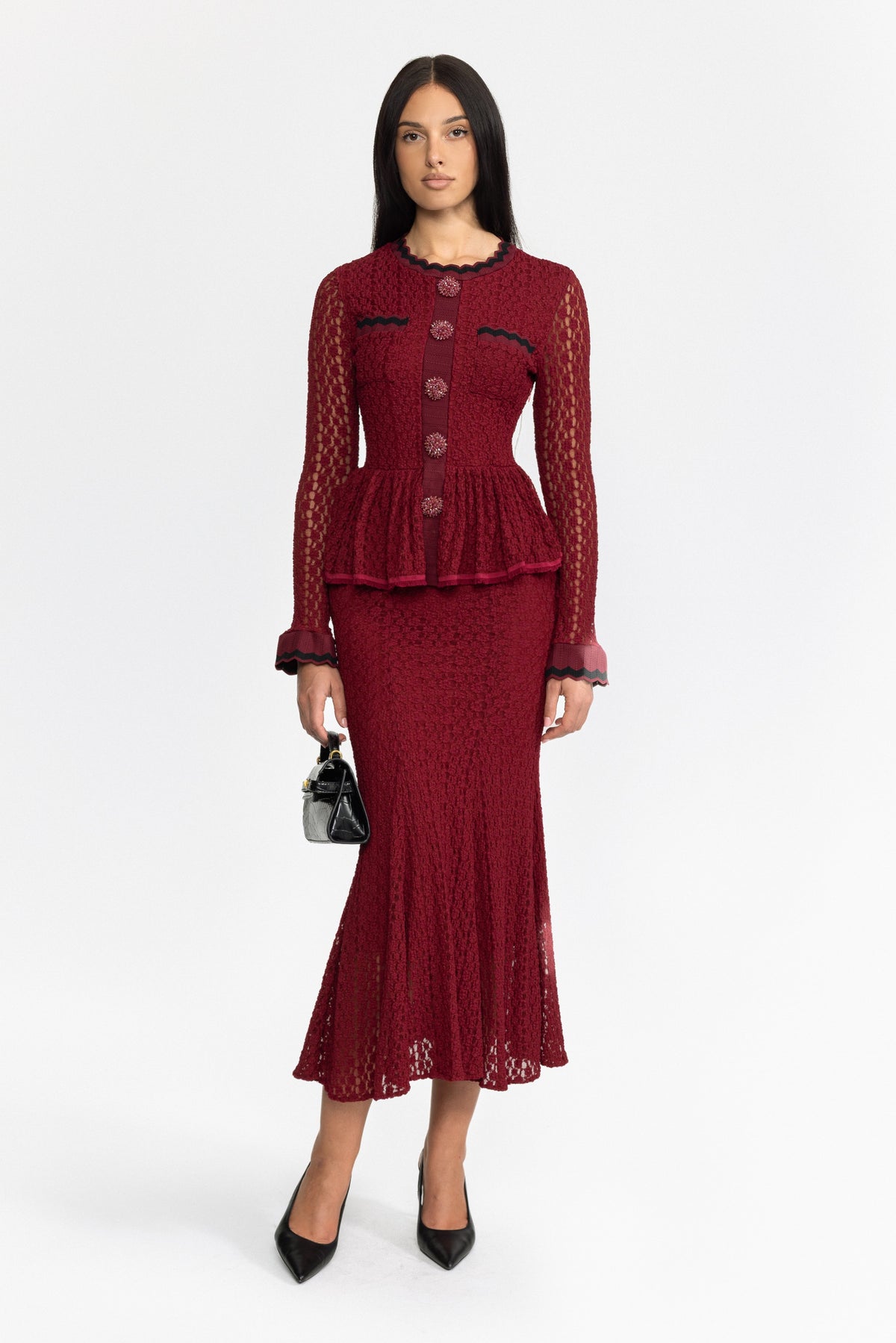 Robe midi péplum en maille crochet avec finition croquet - bordeaux