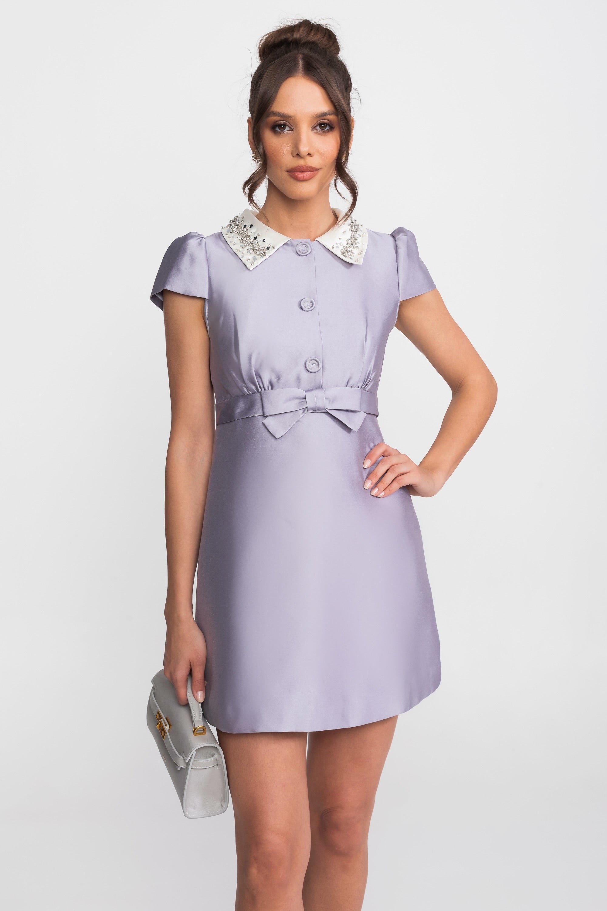 Satin Mini Dress With Crystal Peter Pan Collar And Bow Waist - Lilac