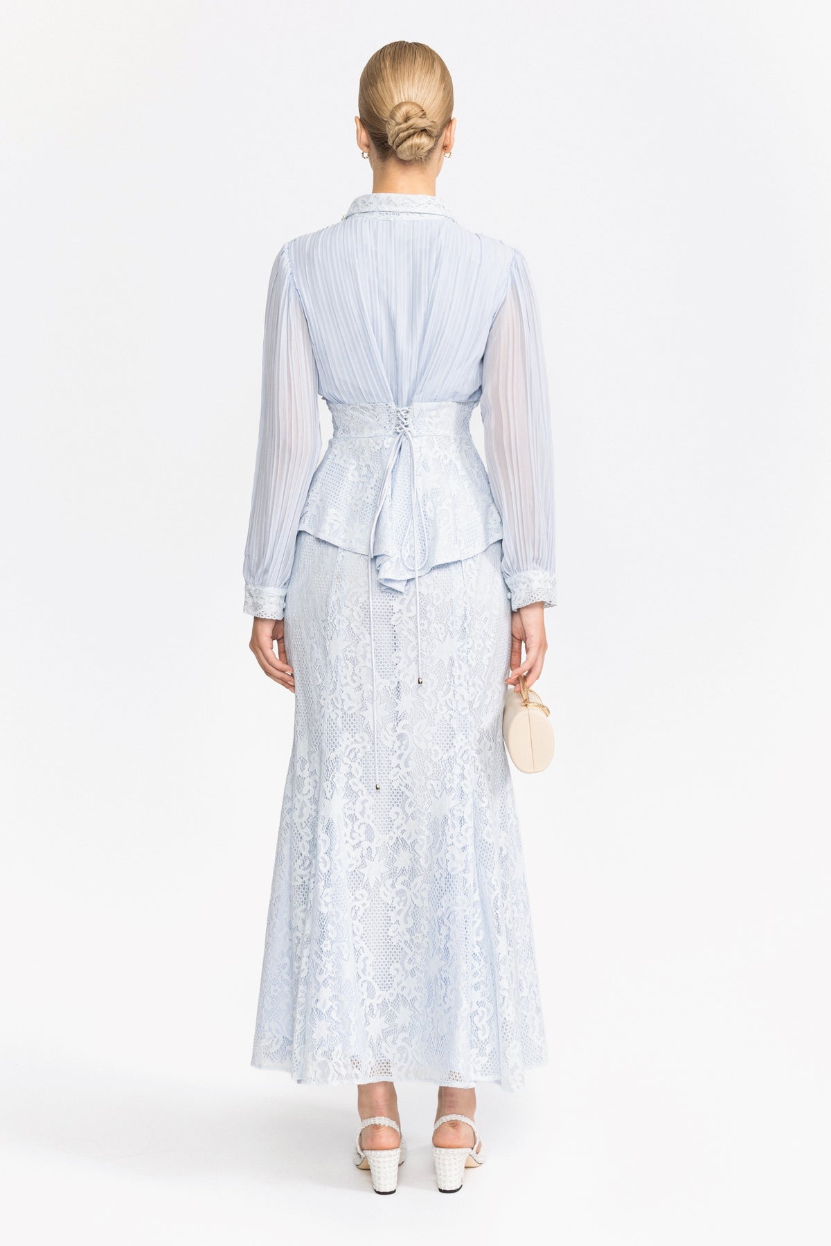 Pleated Chiffon Lace Peplum Blouse and Maxi Skirt Set - Light Blue