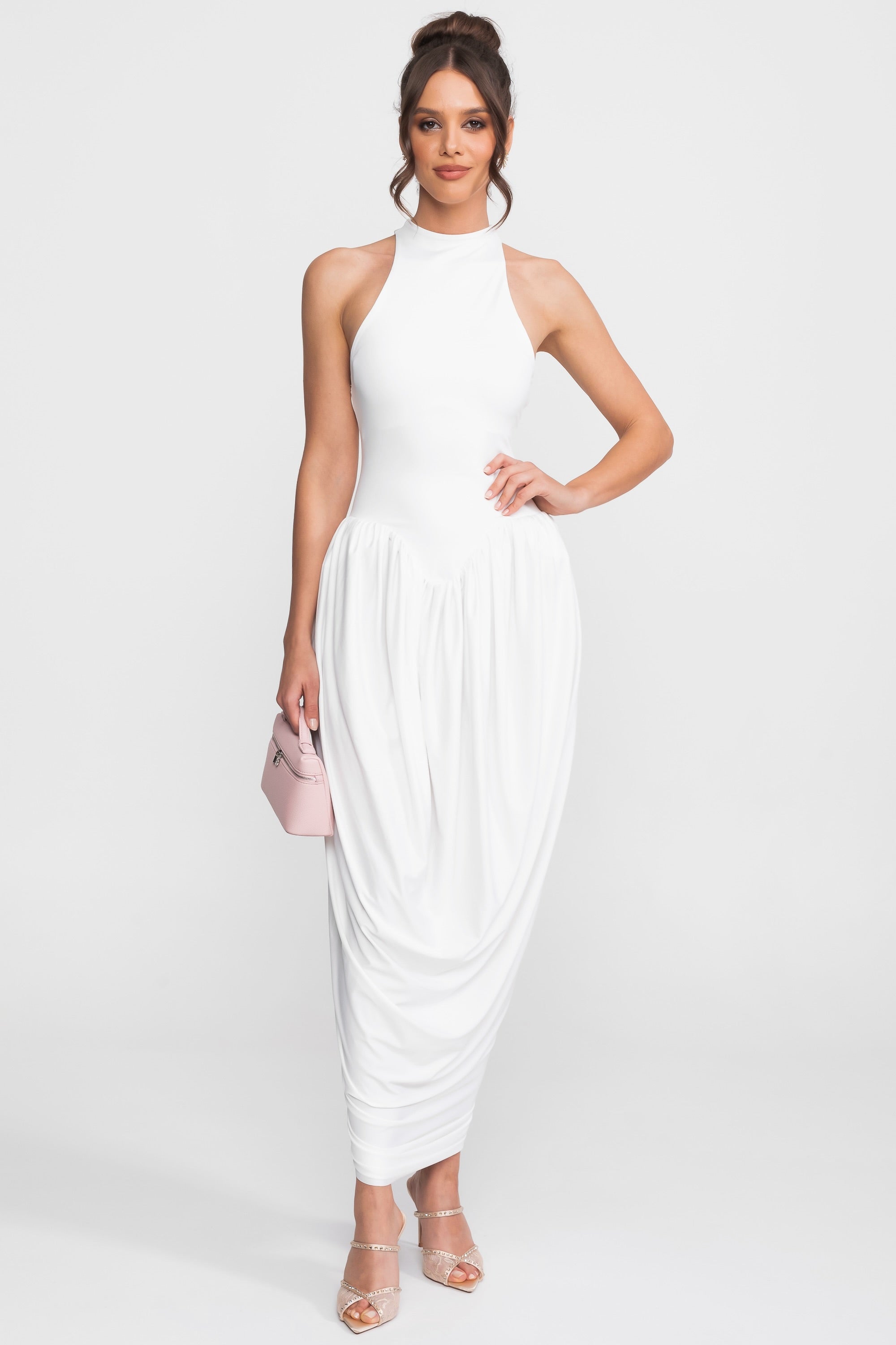 Robe longue à col halter avec jupe ballon froncée - Blanc