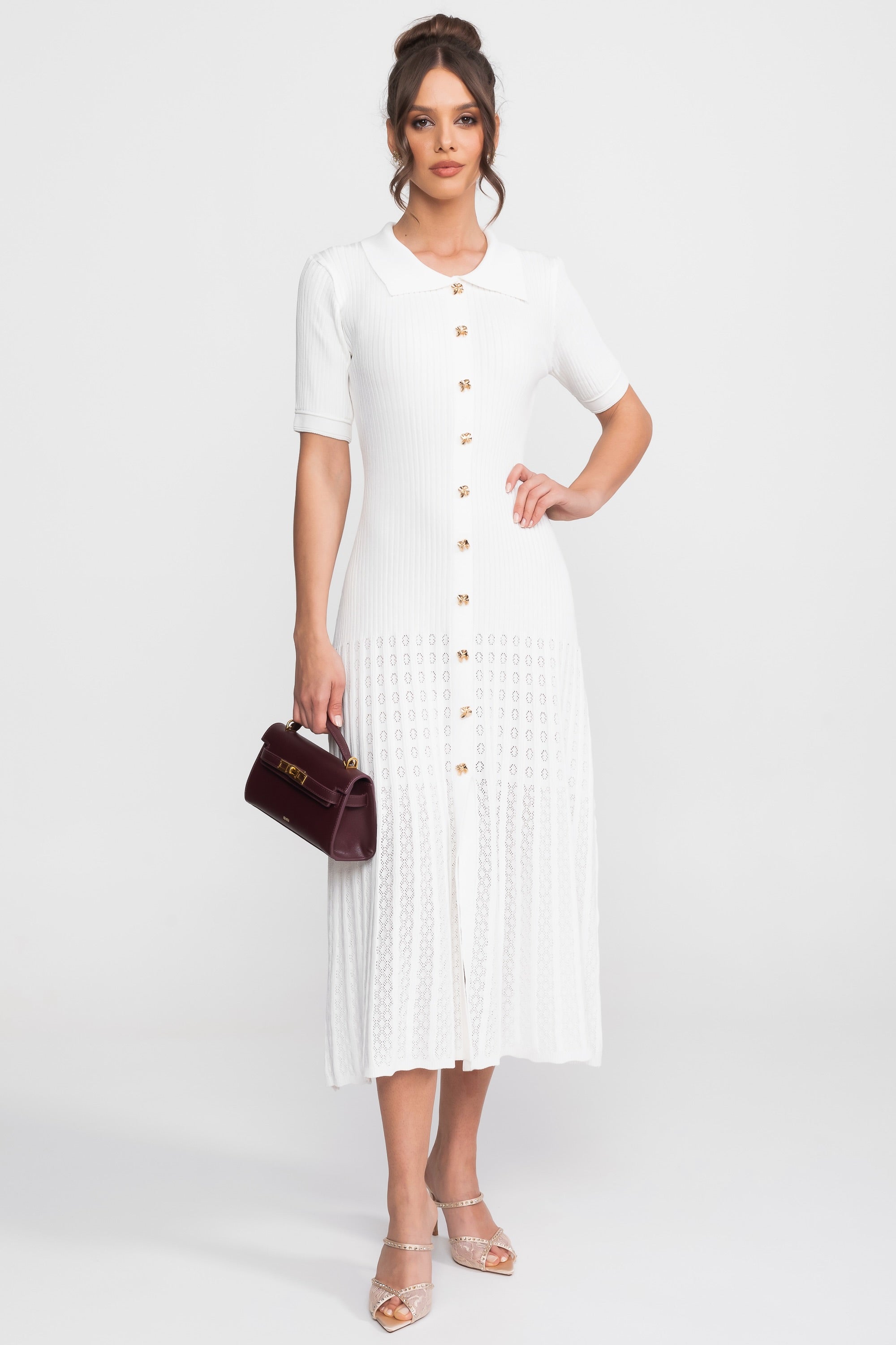 Robe midi en maille côtelée avec col Claudine et jupe plissée - Blanc