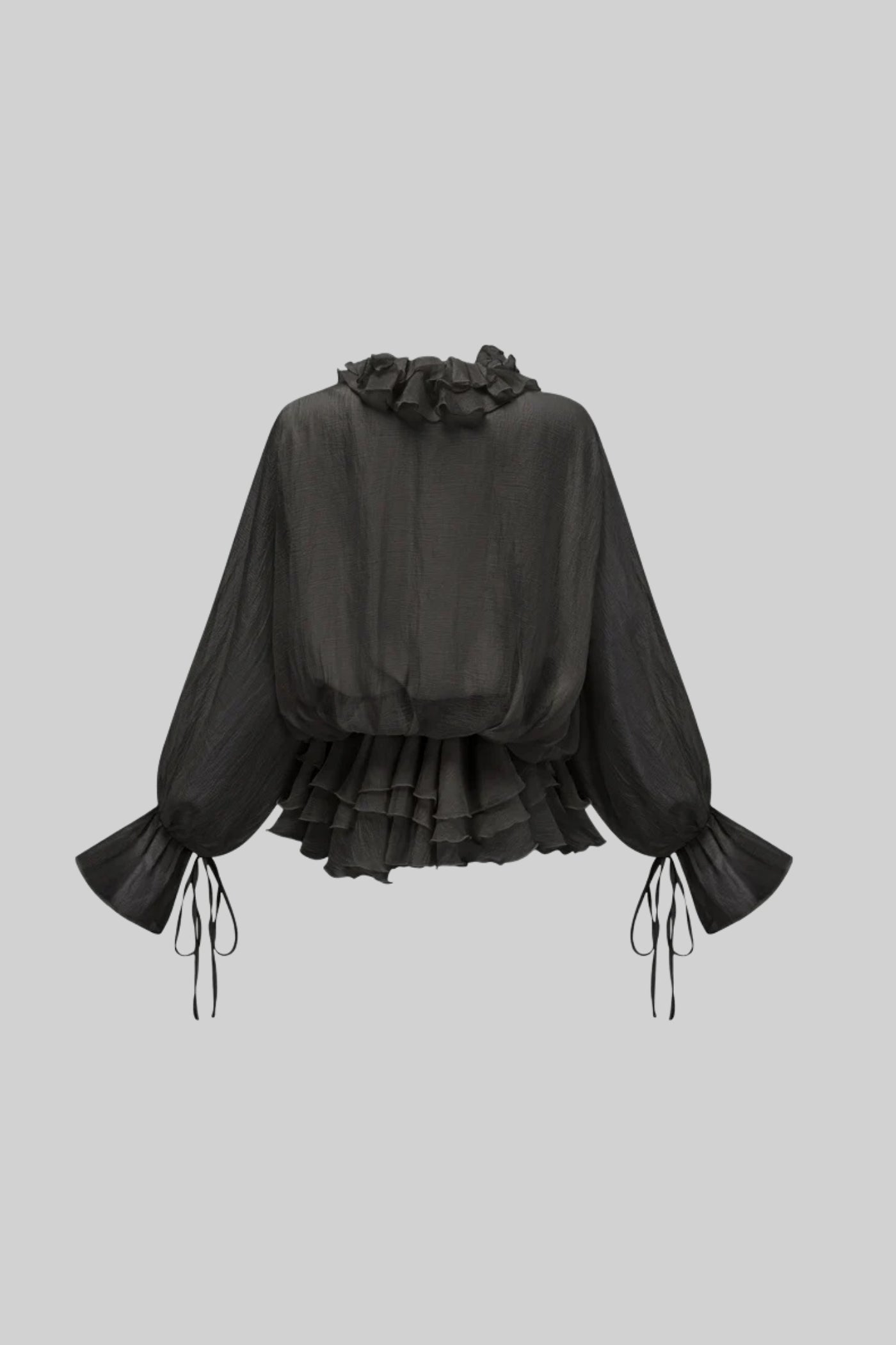 Robe fluide en voile avec appliques florales et manches longues bouffantes - Noir