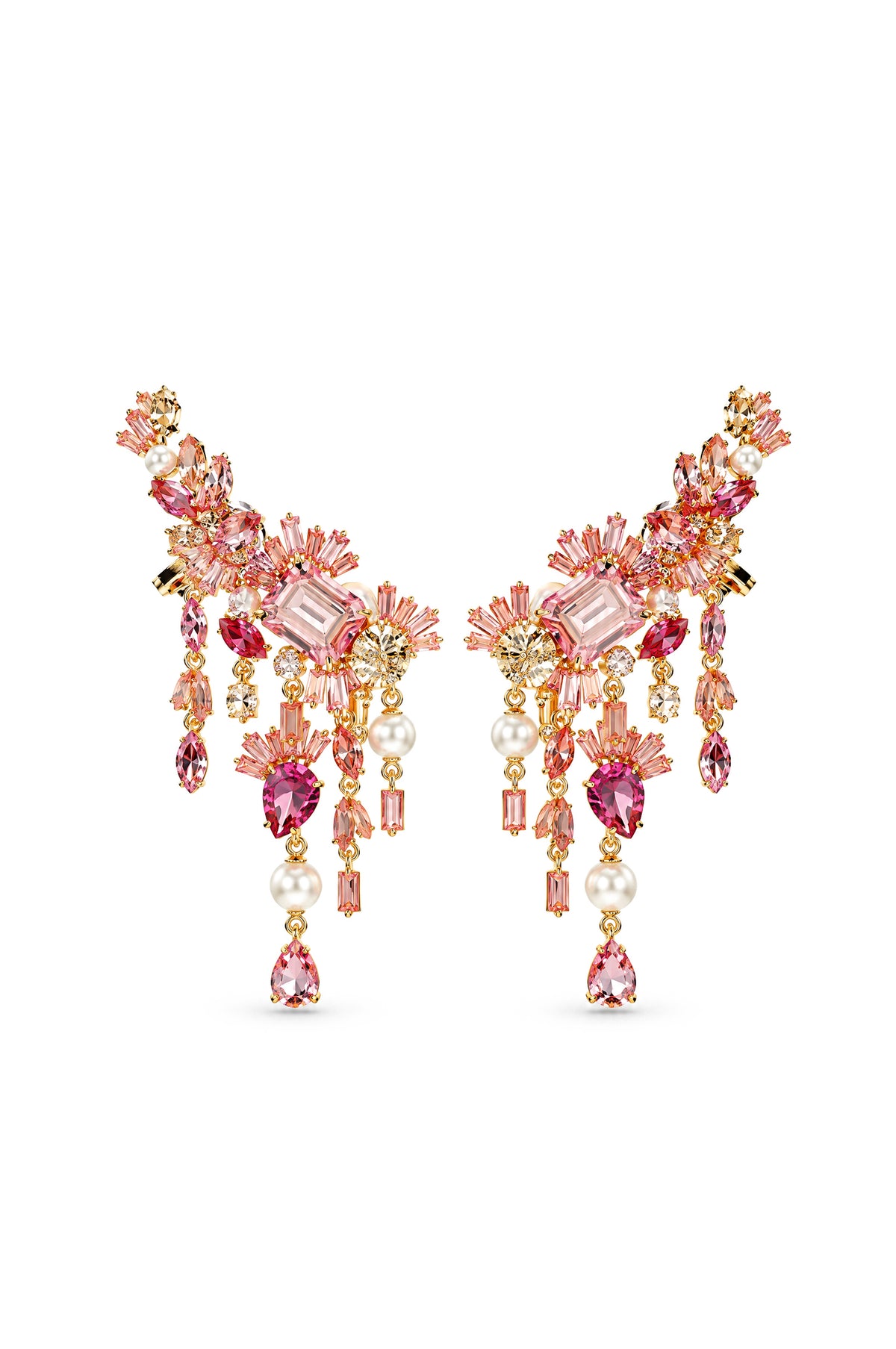 Boucles d’oreilles pendantes grappe florale en cristal rose - Or