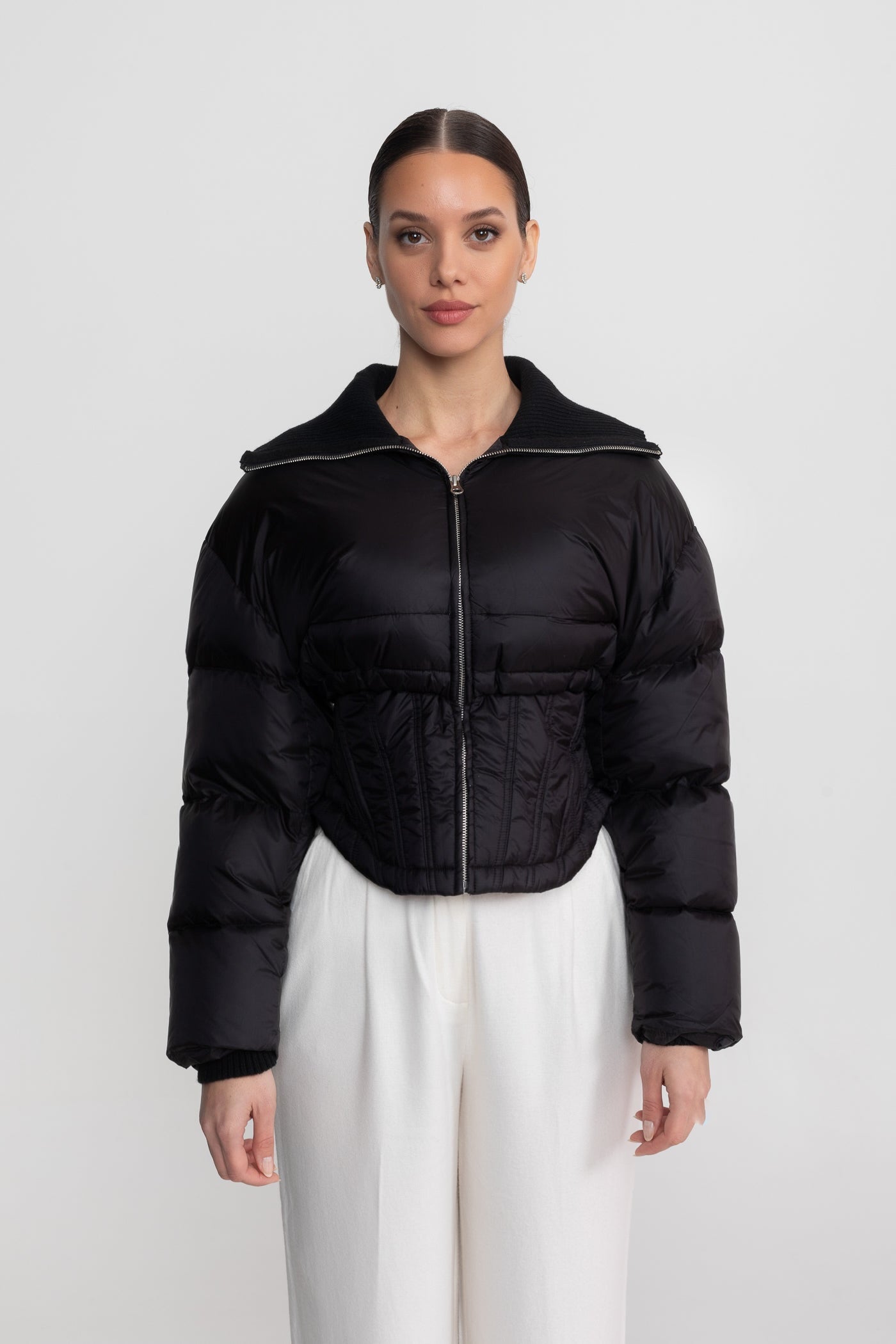 Veste matelassée courte avec détails taille corset - Noir