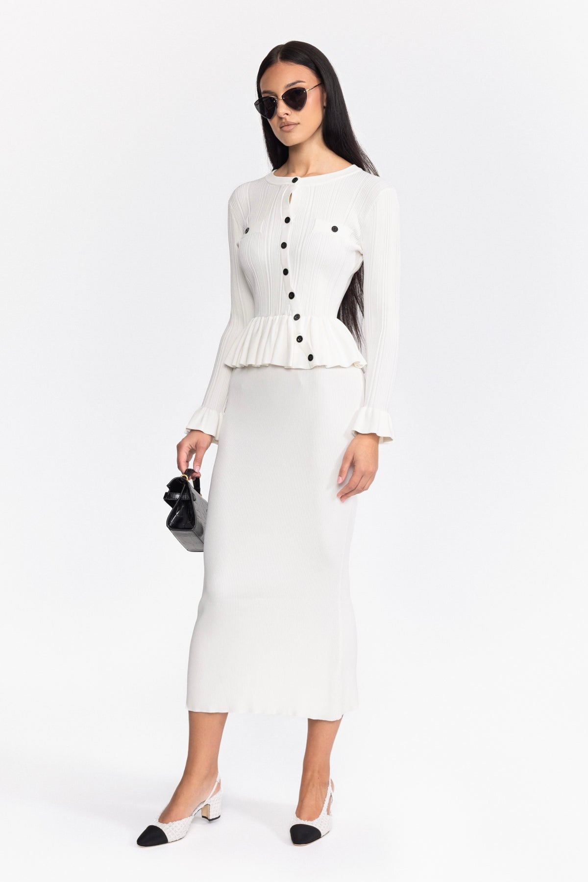 Ensemble cardigan péplum en maille côtelée et jupe midi - Blanc