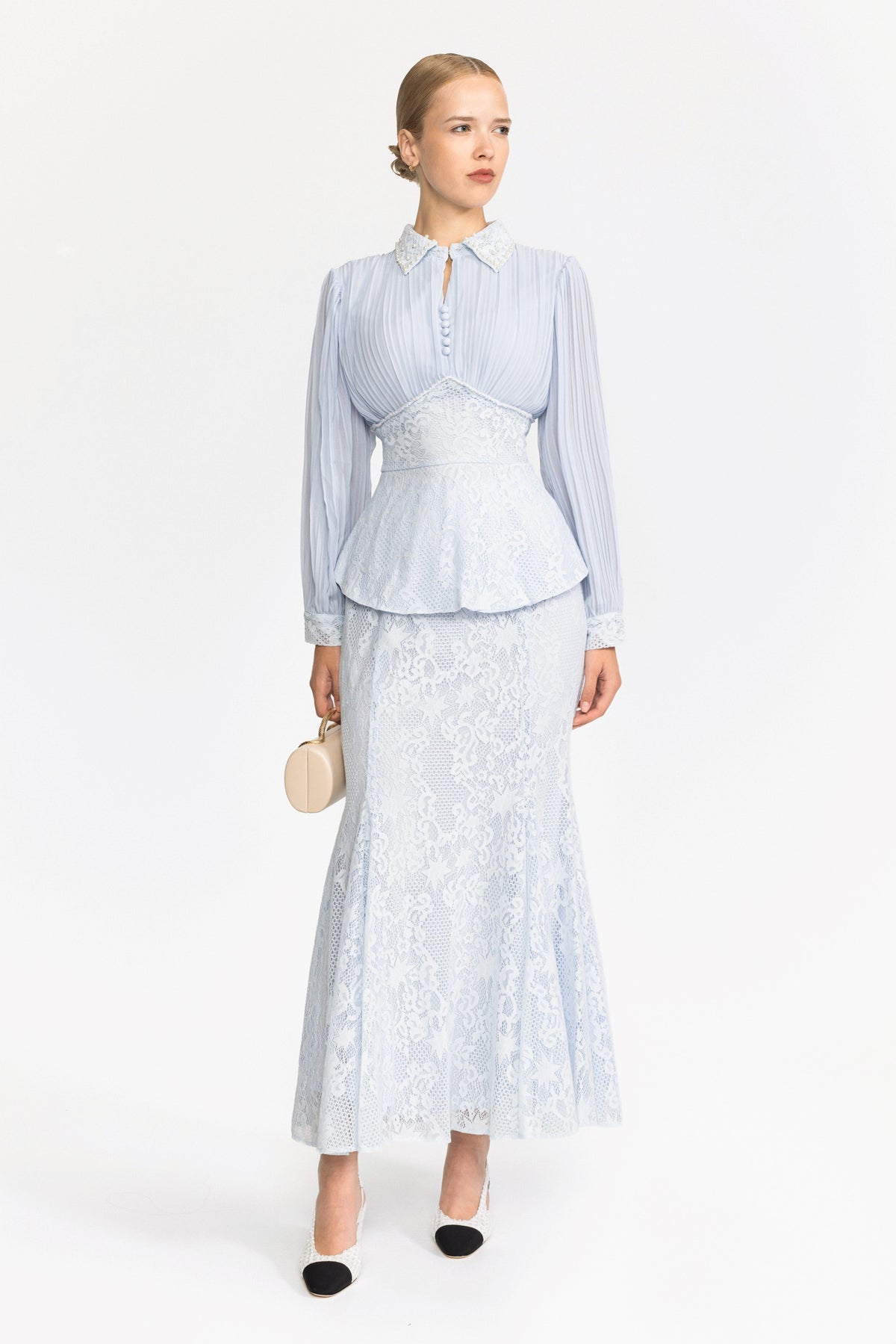 Pleated Chiffon Lace Peplum Blouse and Maxi Skirt Set - Light Blue