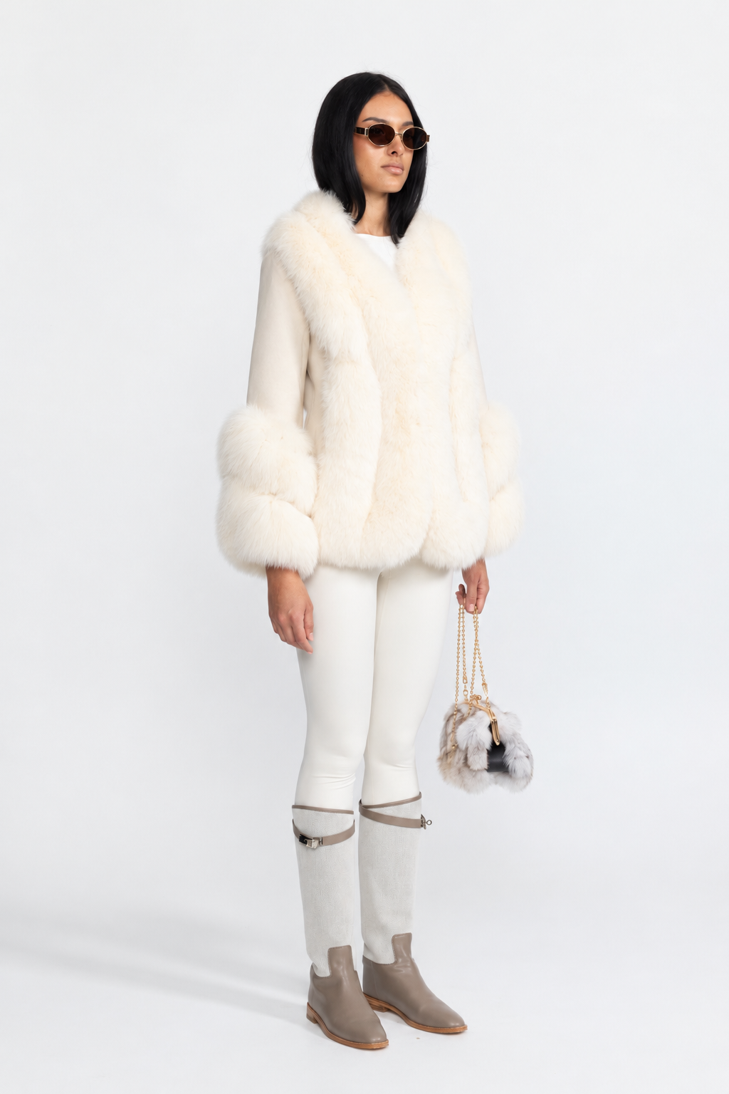 Veste en shearling à empiècements en fourrure de renard - Ivoire