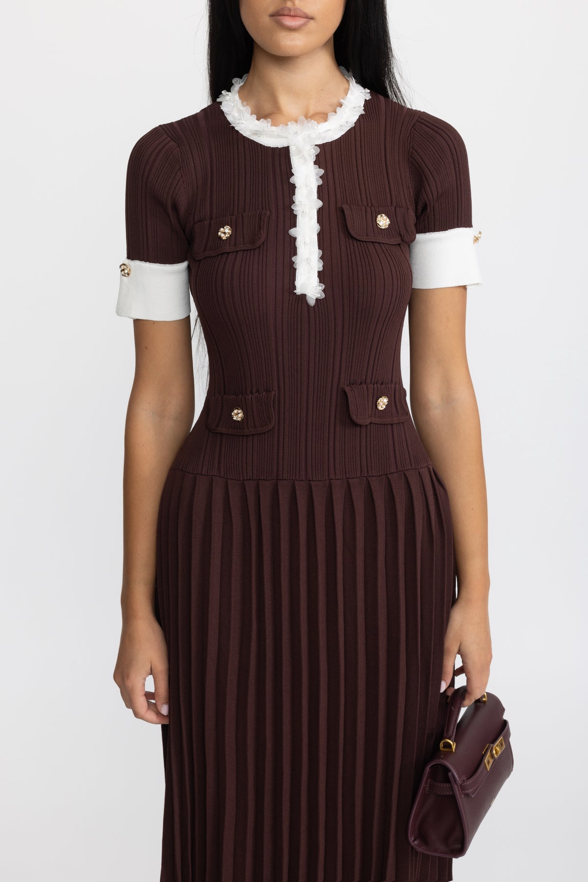 Robe midi en maille plissée à finitions volantées - Chocolate