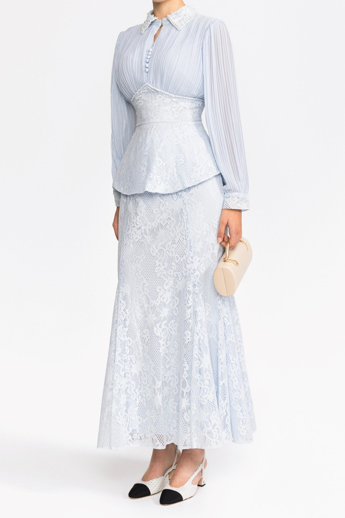 Pleated Chiffon Lace Peplum Blouse and Maxi Skirt Set - Light Blue