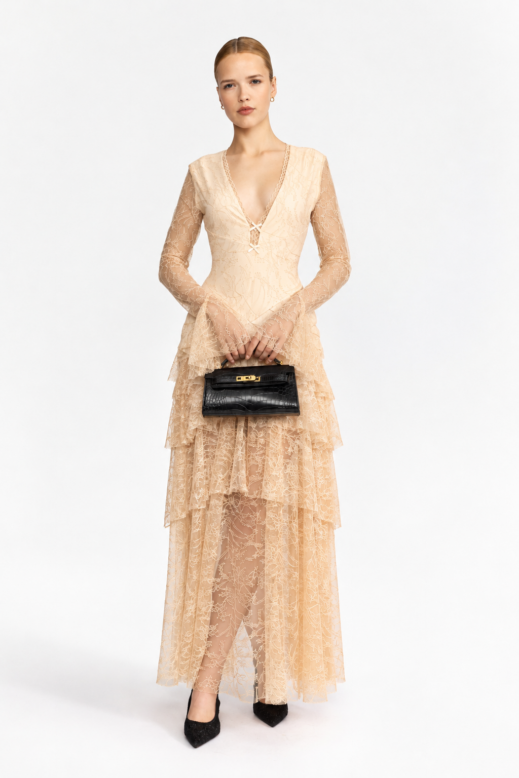 Robe longue à volants en dentelle de Chantilly - Beige