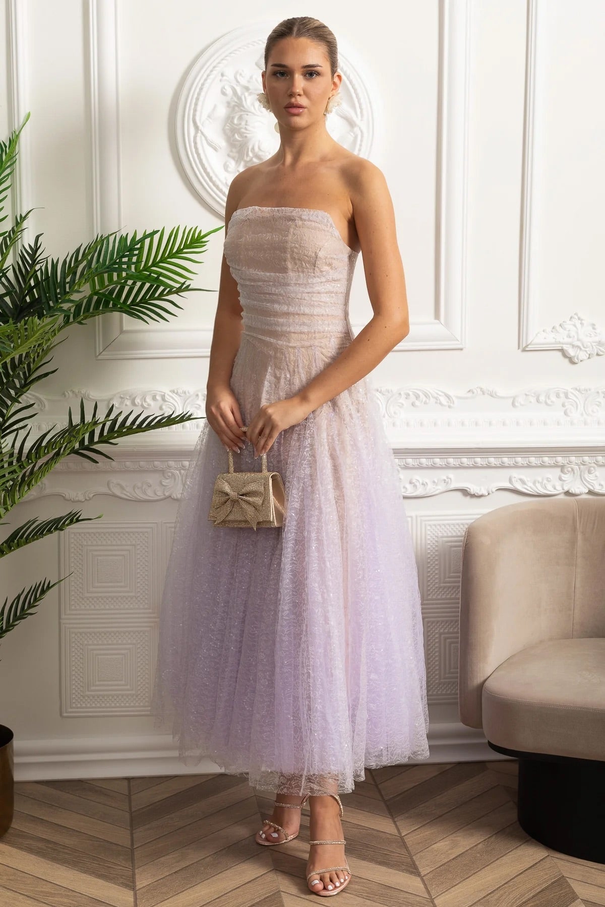 Robe midi trapèze bustier avec superposition texturée scintillante - Dégradé lilas