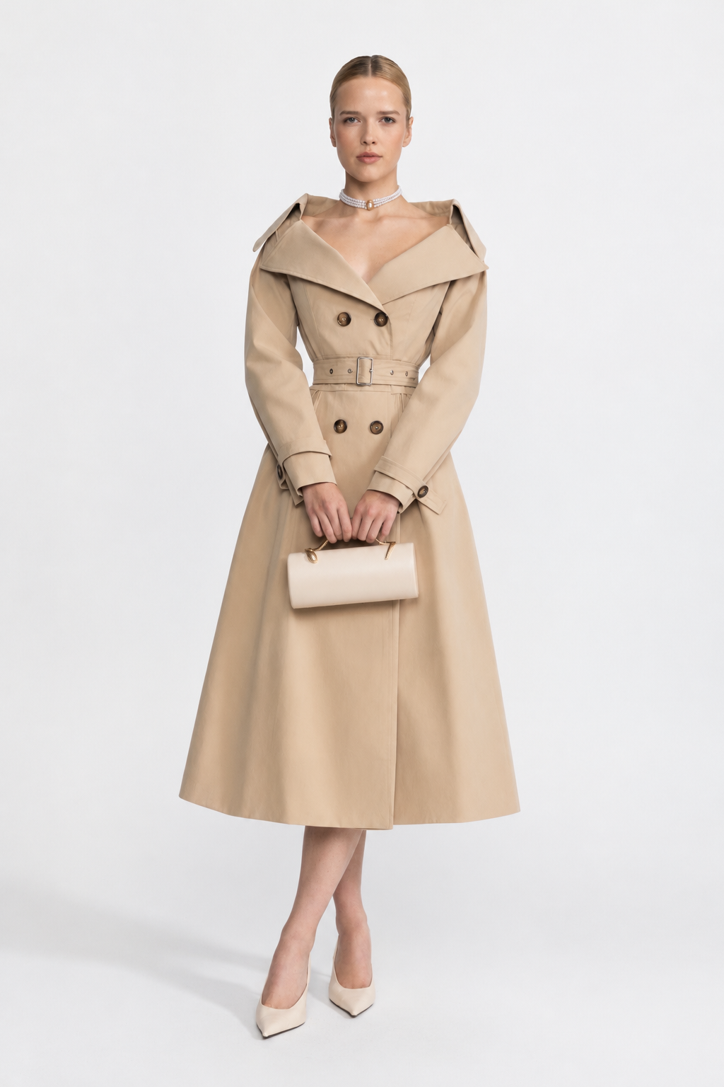 Robe trench ceinturée à col épaules dénudées - Beige