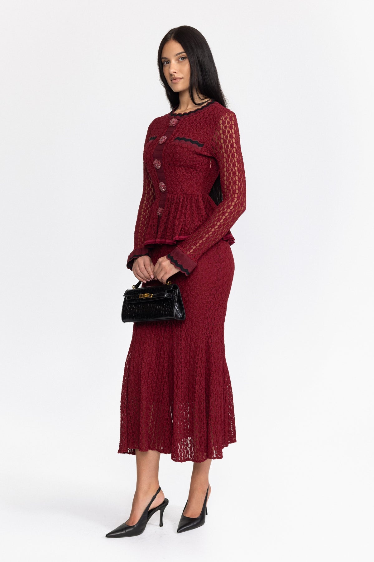 Crochet Knit Peplum Midi Dress with Ric-Rac Trim - Wine