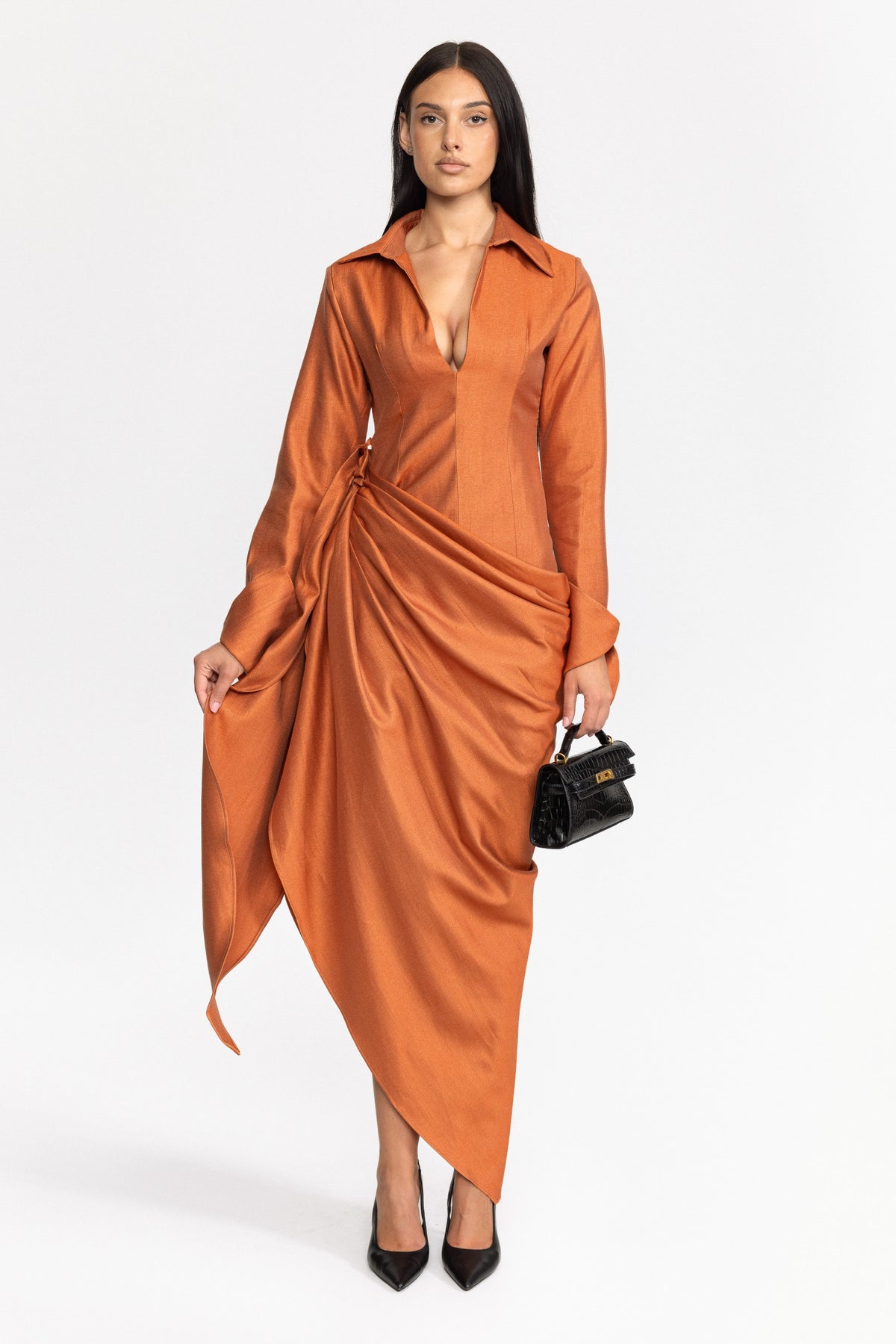 Robe longue portefeuille drapée à col plongeant - orange brûlé