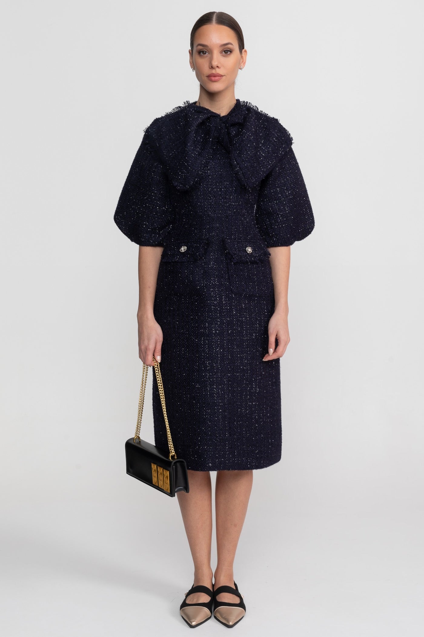 Robe Midi en Tweed avec Détail de Col à Nœud Oversize - Bleu Marine