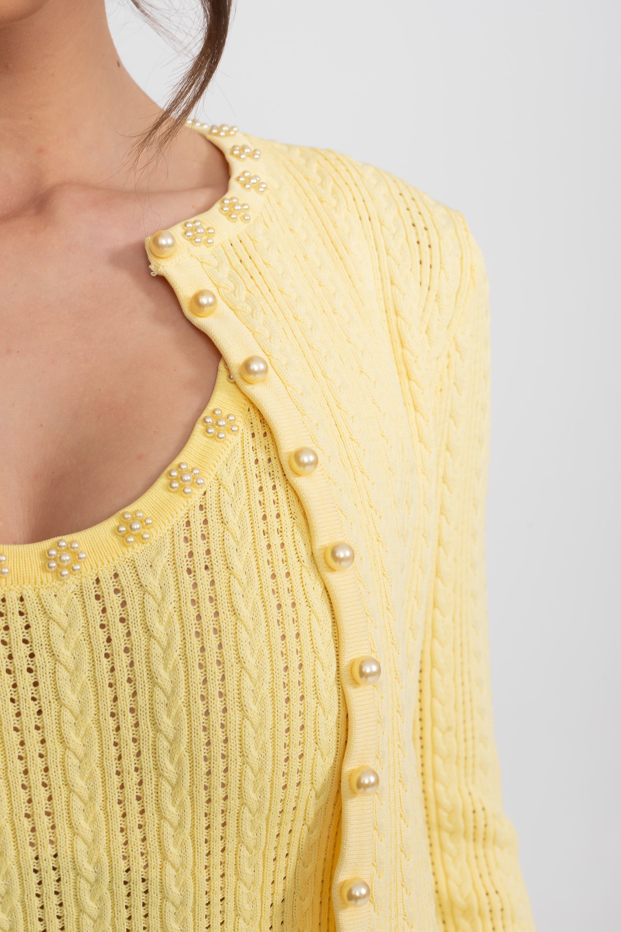 Ensemble Robe en Maille Côtelée et Cardigan avec Détails Boutons Perle - Jaune
