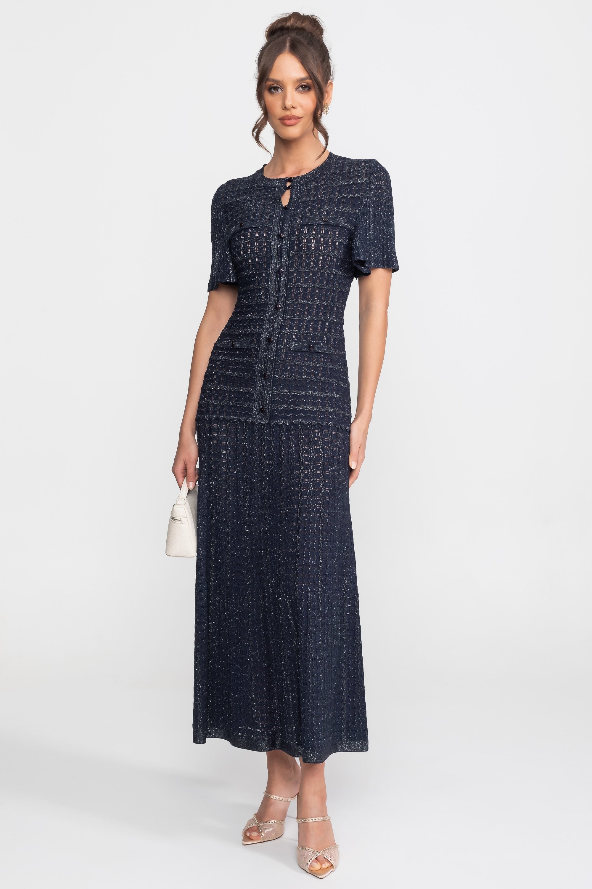 Robe Midi à Manches Courtes avec Texture Tricotée Scintillante - Navy