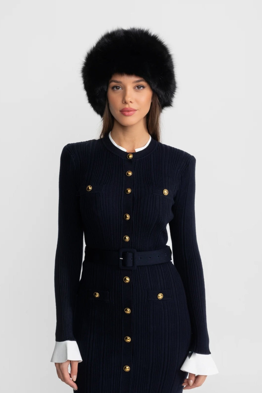 Robe midi en maille côtelée avec fermeture à boutons dorés - Bleu foncé