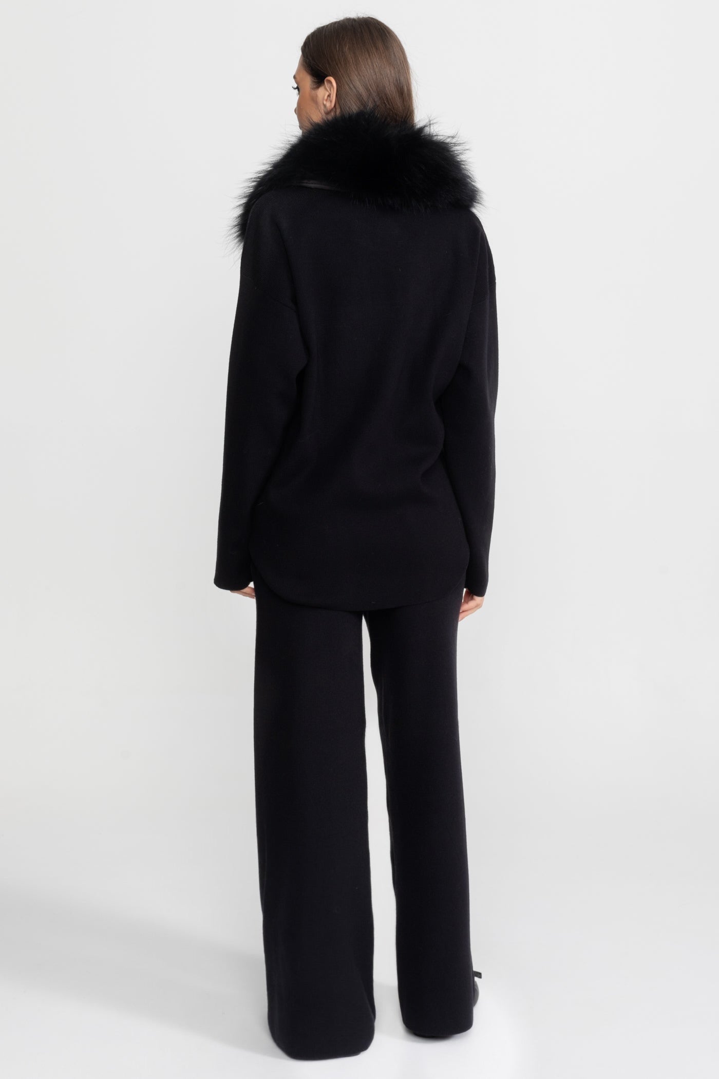 Knit Lounge Co-Ord Set with Fox Fur Collar – Black