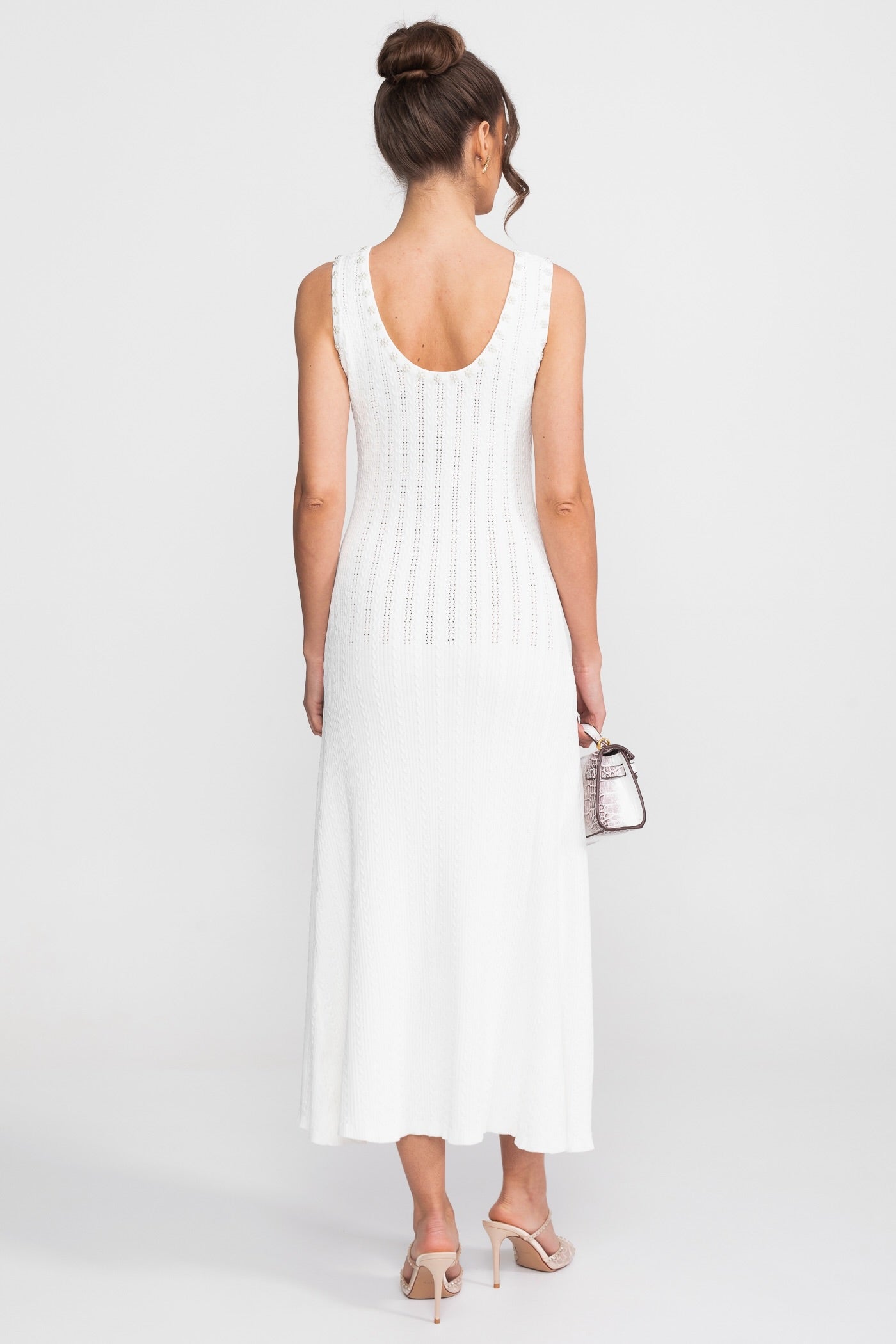 Ensemble Robe en Maille Côtelée et Cardigan avec Détails Boutons Perle - Blanc
