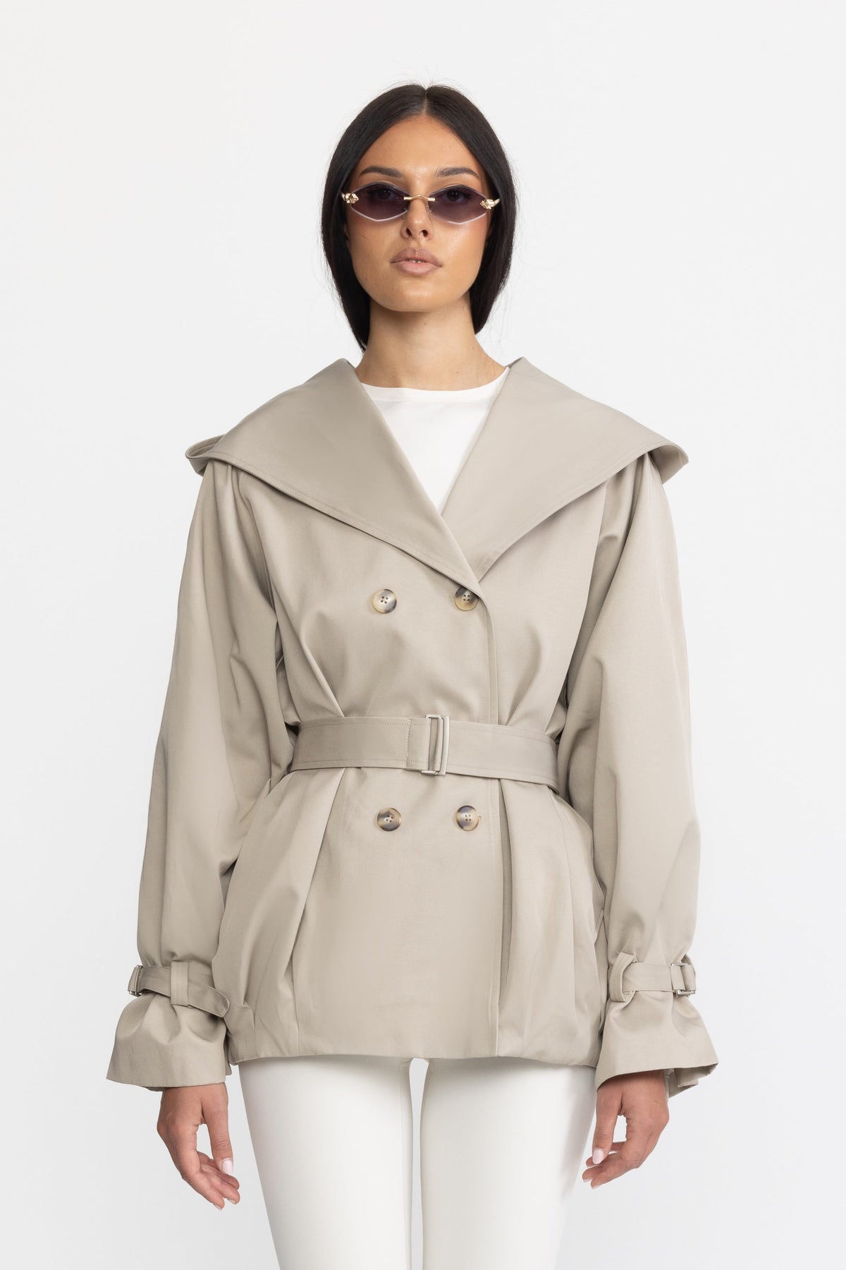 Hooded Double-Breasted Belted Trench Jacket - Stone