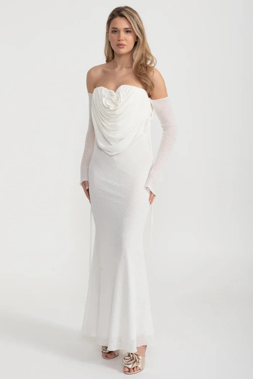 Elegant Flowing Dress With Long Sleeves, Top Draping And Central Rose Adornment - White